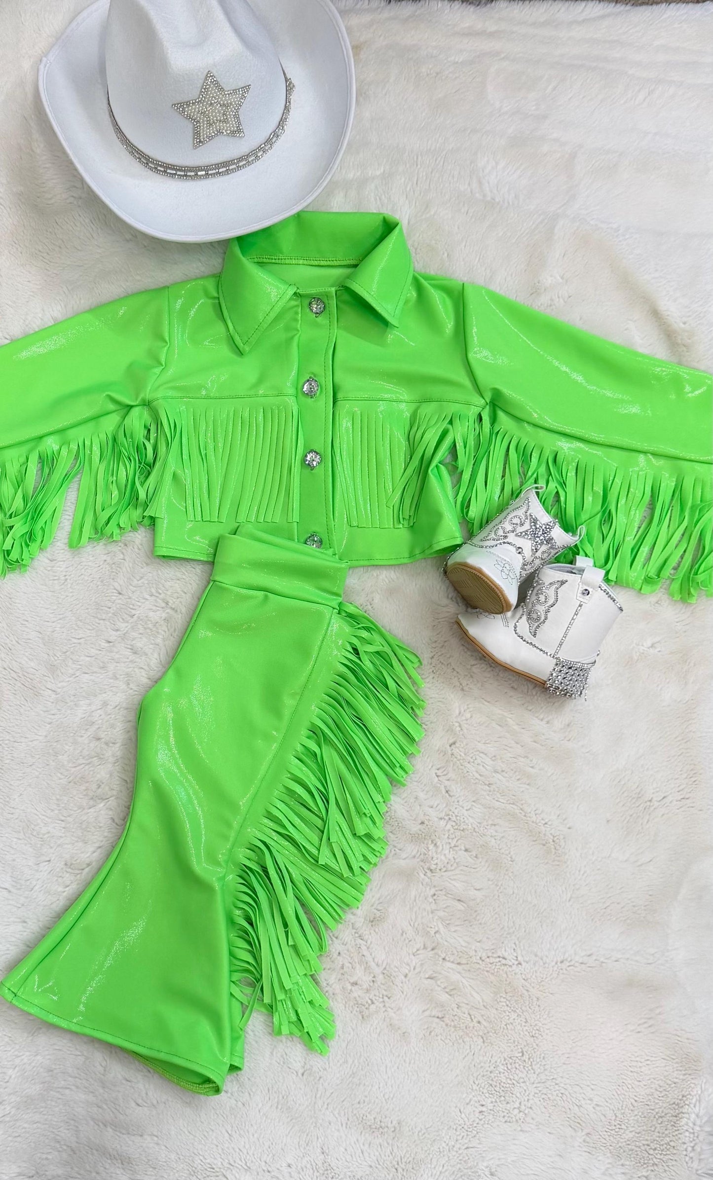 8Cowgirl Couture Fringe Set(InfantJuniors)Matte or Metallic Lycra Mystique|60+ Colors|Boots & Hat Sold Separately. Handmade Wholesome Goods