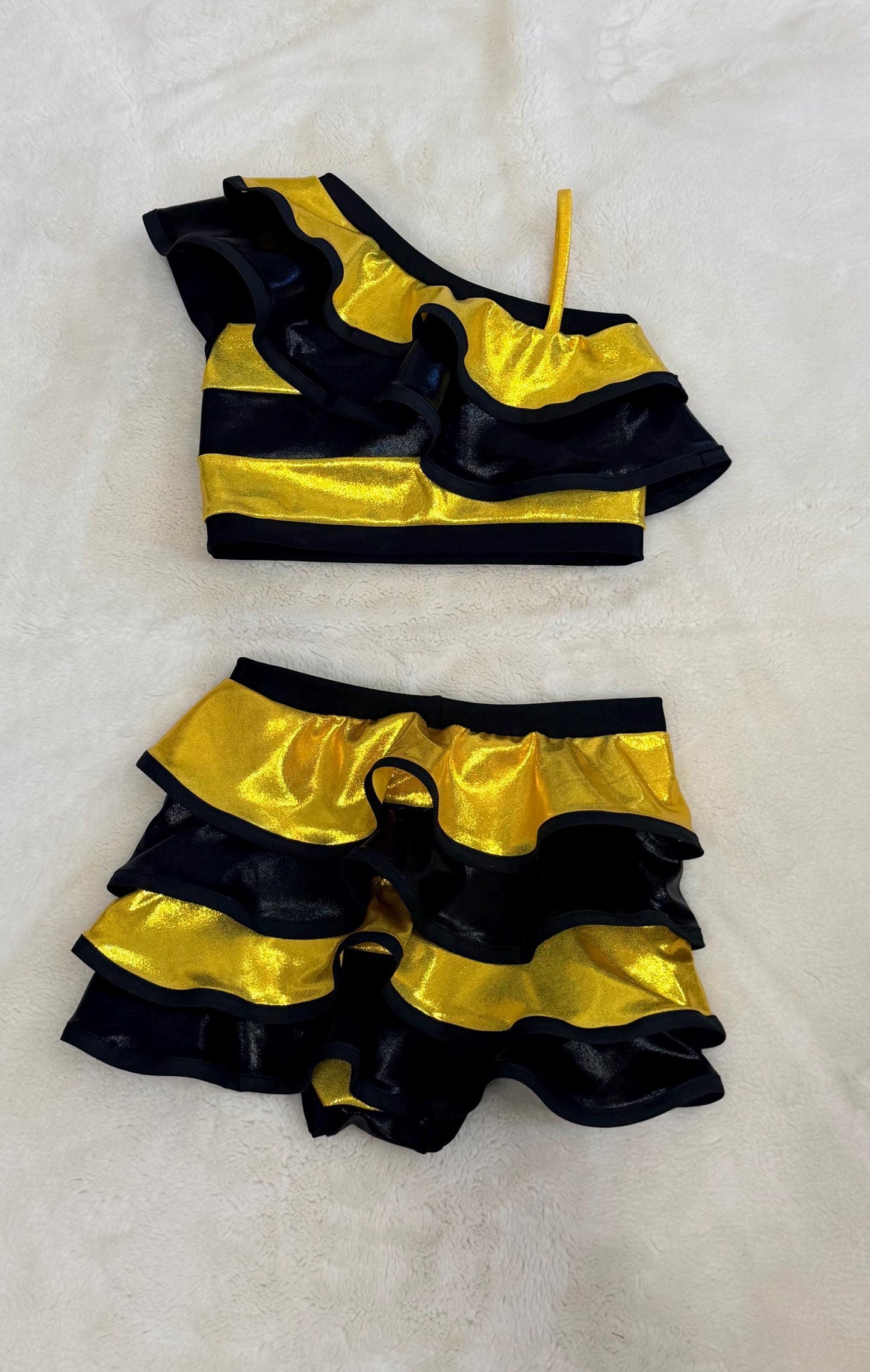 Queen Bee - Metallic Gold Ruffle Dance Set | One Shoulder Crop Top & Shorts | Pageant Outfit | Custom Competition Costume Handmade in USA
