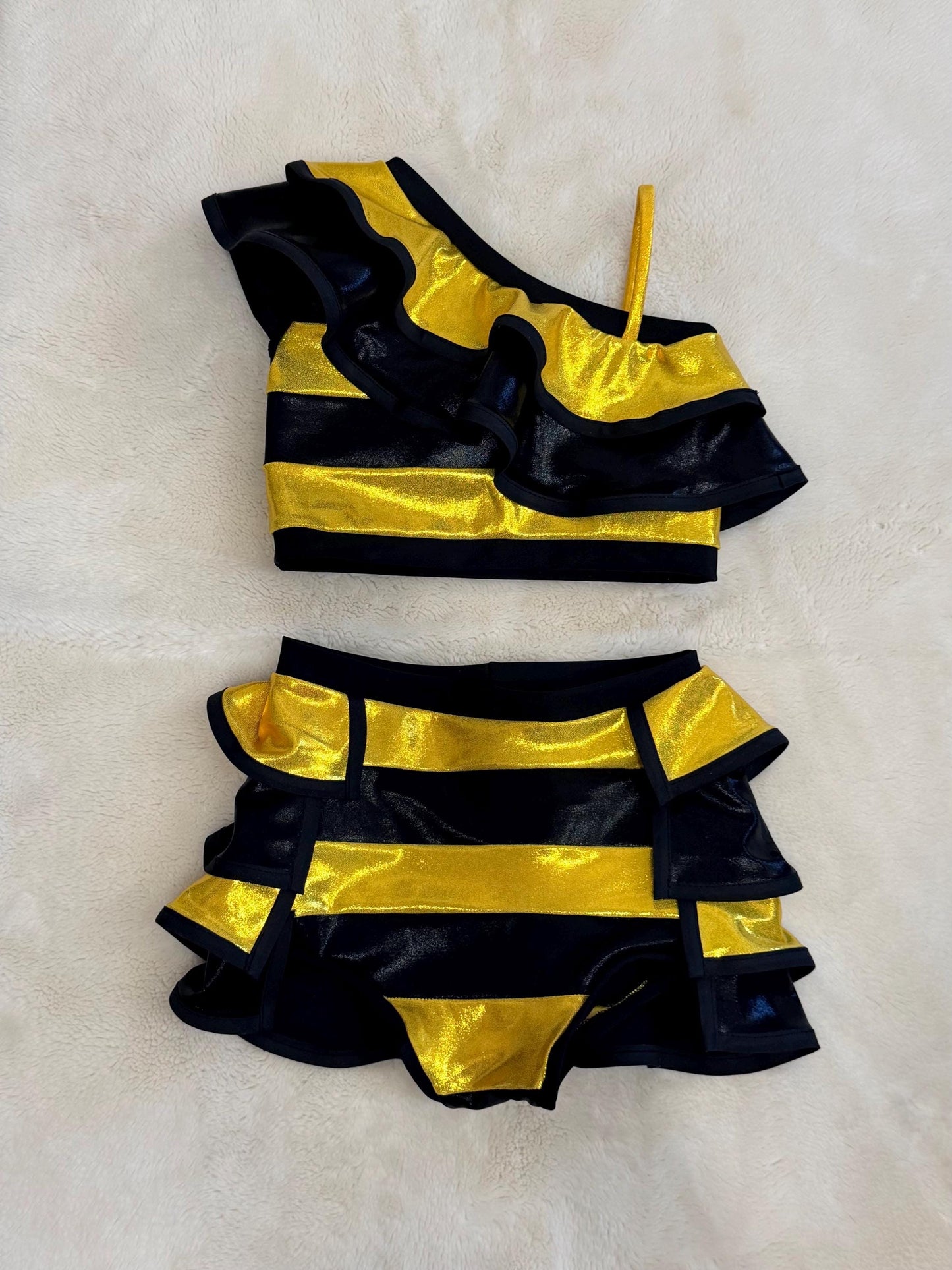 Queen Bee - Metallic Gold Ruffle Dance Set | One Shoulder Crop Top & Shorts | Pageant Outfit | Custom Competition Costume Handmade in USA
