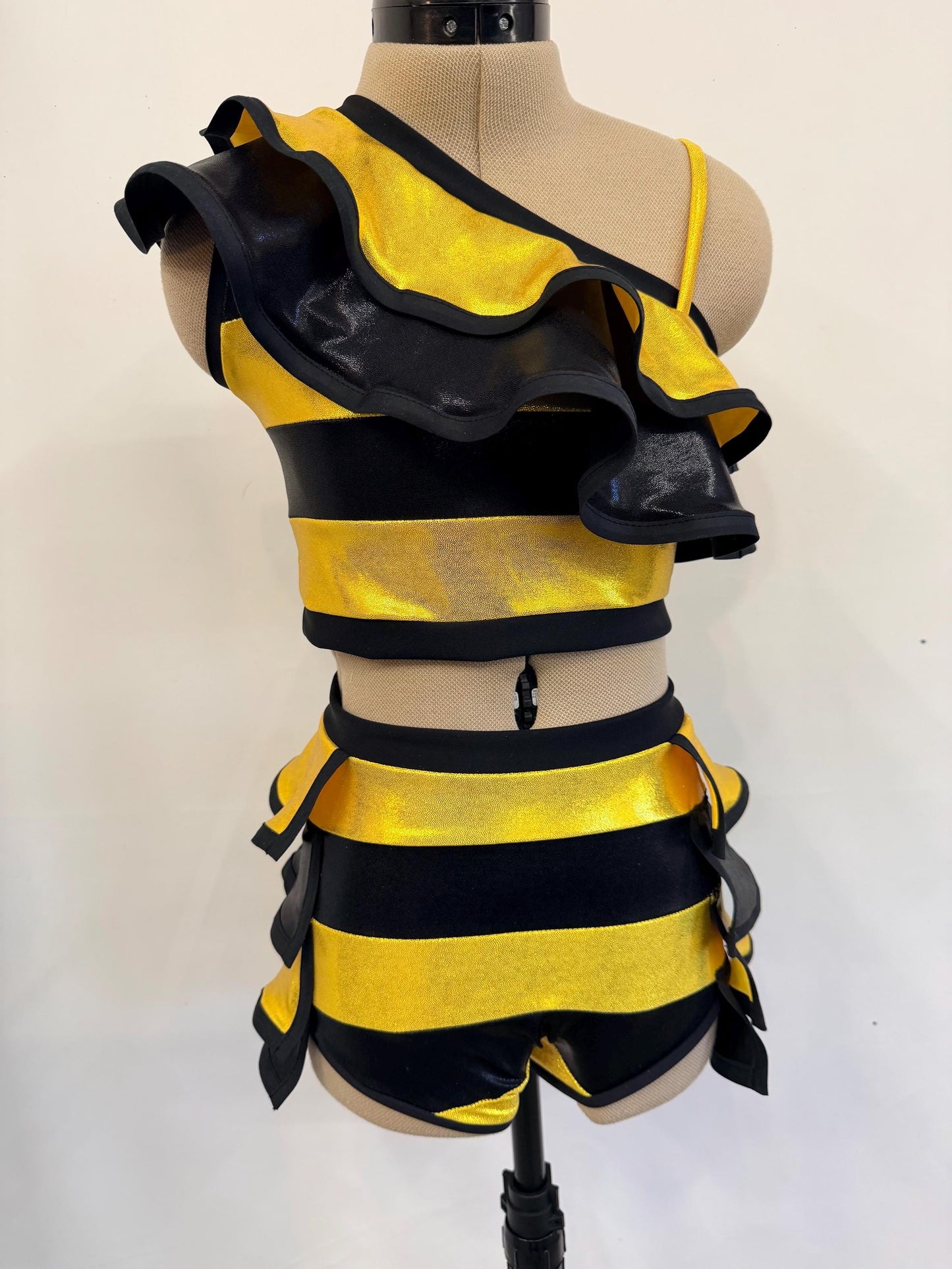 Queen Bee - Metallic Gold Ruffle Dance Set | One Shoulder Crop Top & Shorts | Pageant Outfit | Custom Competition Costume Handmade in USA