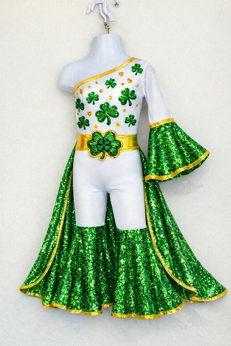 Lucky Charm Royale Shamrock Jumpsuit with Sequin Bell Bottoms & Train
