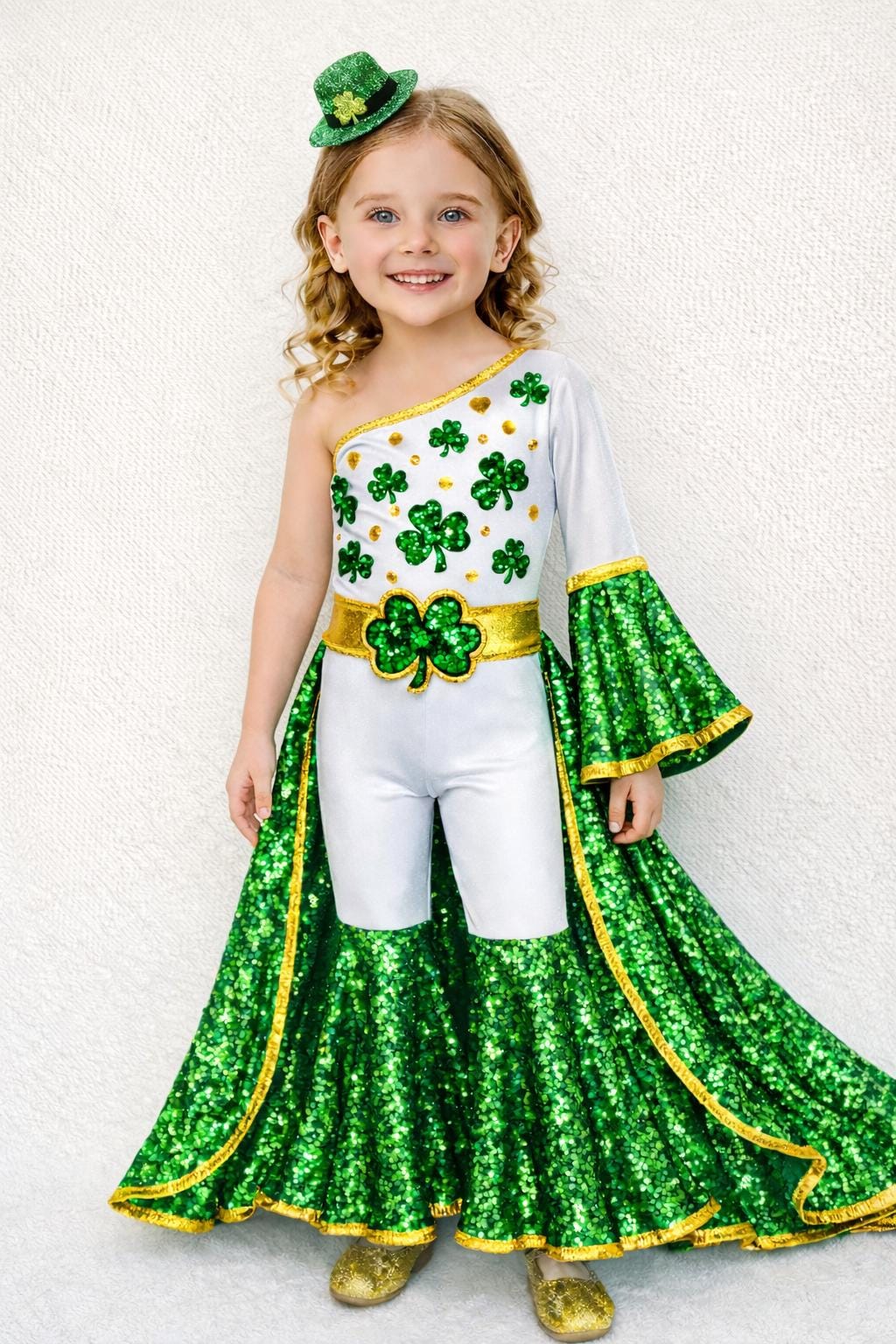 Lucky Charm Royale Shamrock Jumpsuit with Sequin Bell Bottoms & Train