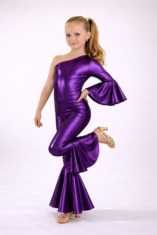 Dancing Queen One-Shoulder Jumpsuit|Metallic BellBottom Dance Outfit|Girls Disco Costume|Birthday Pageant Stage Wear|Custom Colors&Sizes