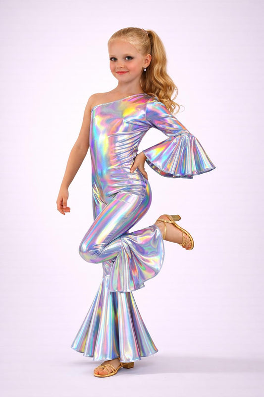 Dancing Queen One-Shoulder Jumpsuit|Metallic BellBottom Dance Outfit|Girls Disco Costume|Birthday Pageant Stage Wear|Custom Colors&Sizes