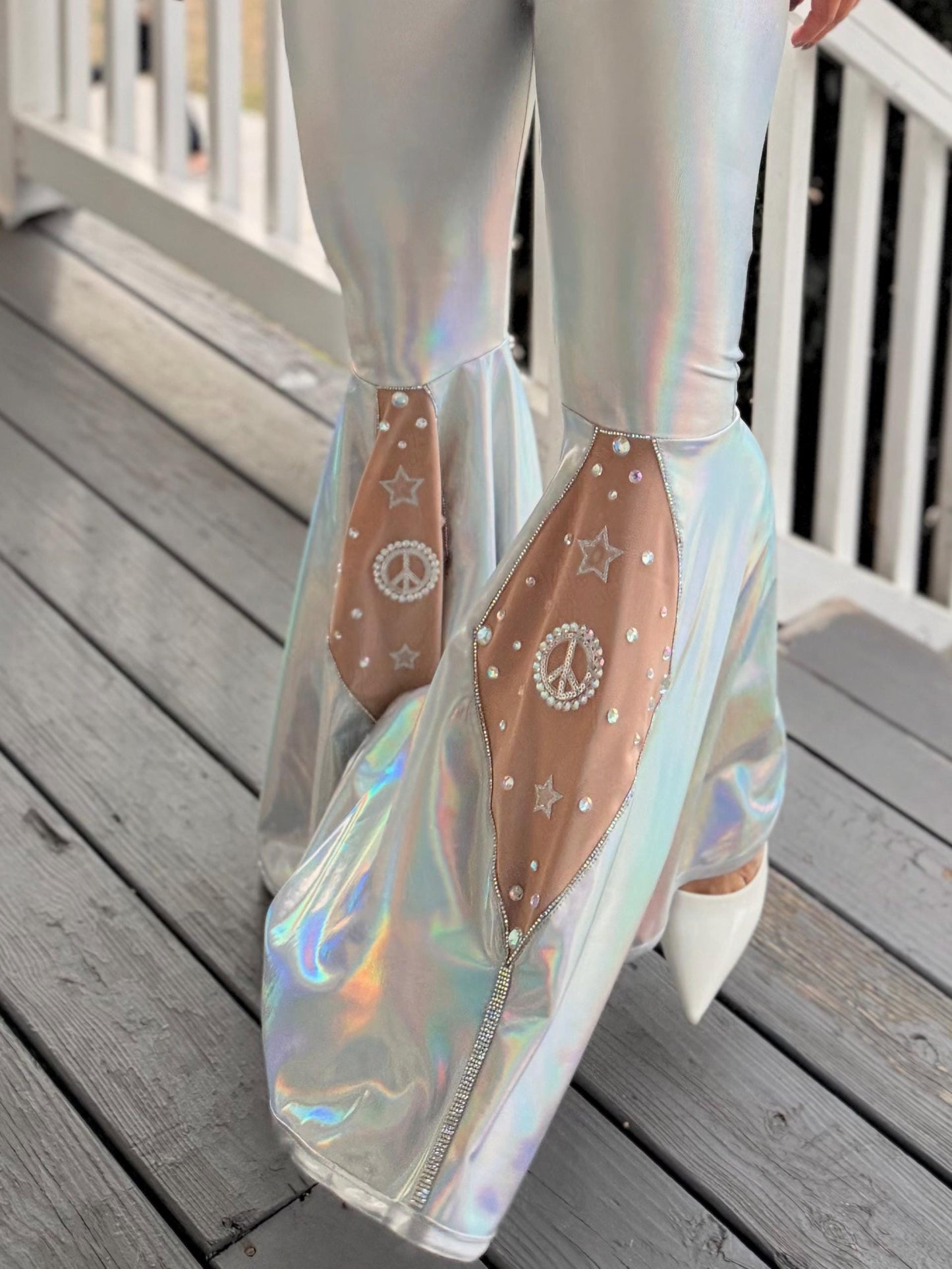 Disco Iridescent One Shoulder Bell Bottom Jumpsuit Adult XS-XL | Holographic Disco Dance Costume | Pageant Festival Outfit