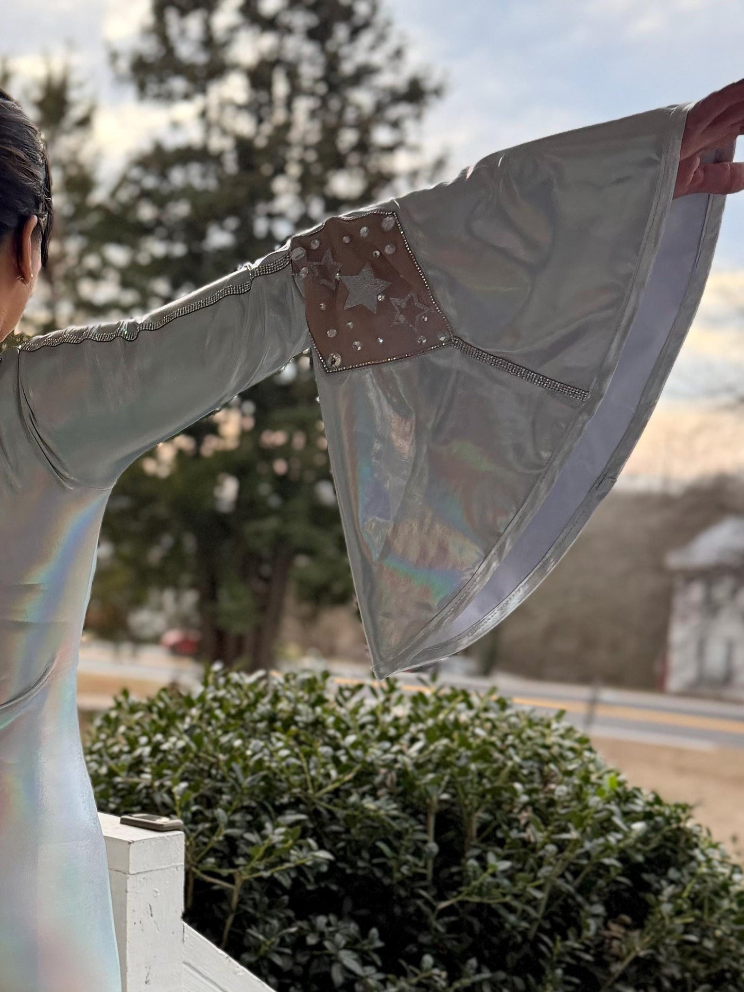 Disco Iridescent One Shoulder Bell Bottom Jumpsuit Adult XS-XL | Holographic Disco Dance Costume | Pageant Festival Outfit