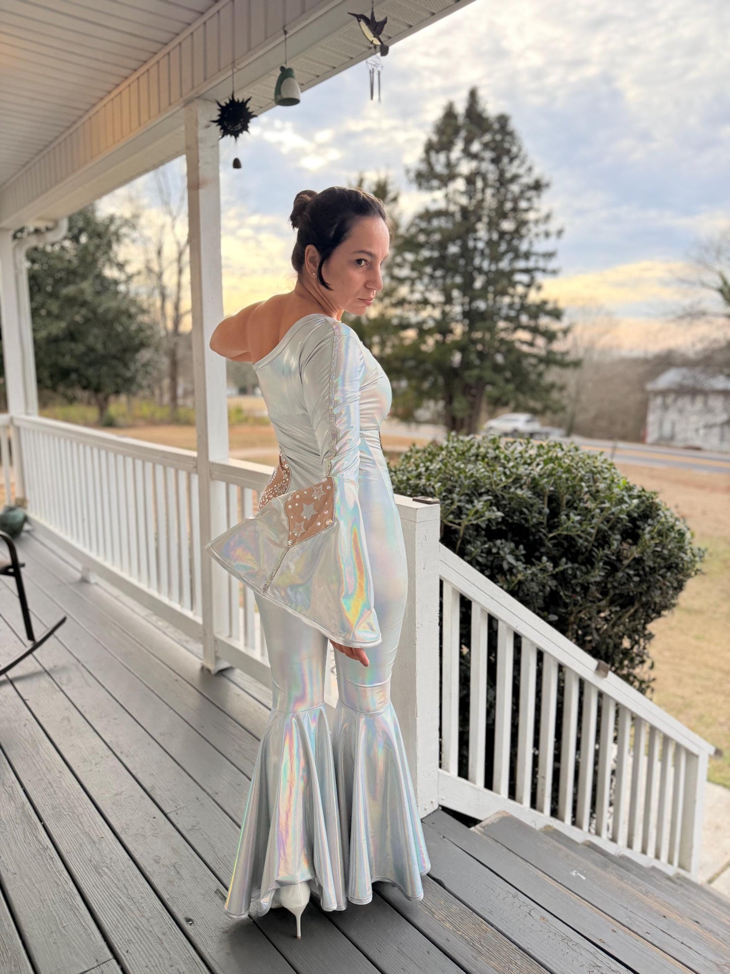 Disco Iridescent One Shoulder Bell Bottom Jumpsuit Adult XS-XL | Holographic Disco Dance Costume | Pageant Festival Outfit