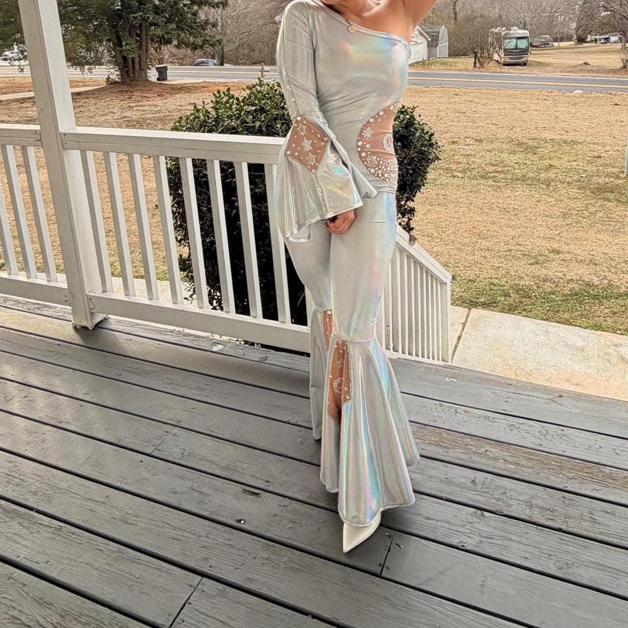 Disco Iridescent One Shoulder Bell Bottom Jumpsuit Adult XS-XL | Holographic Disco Dance Costume | Pageant Festival Outfit