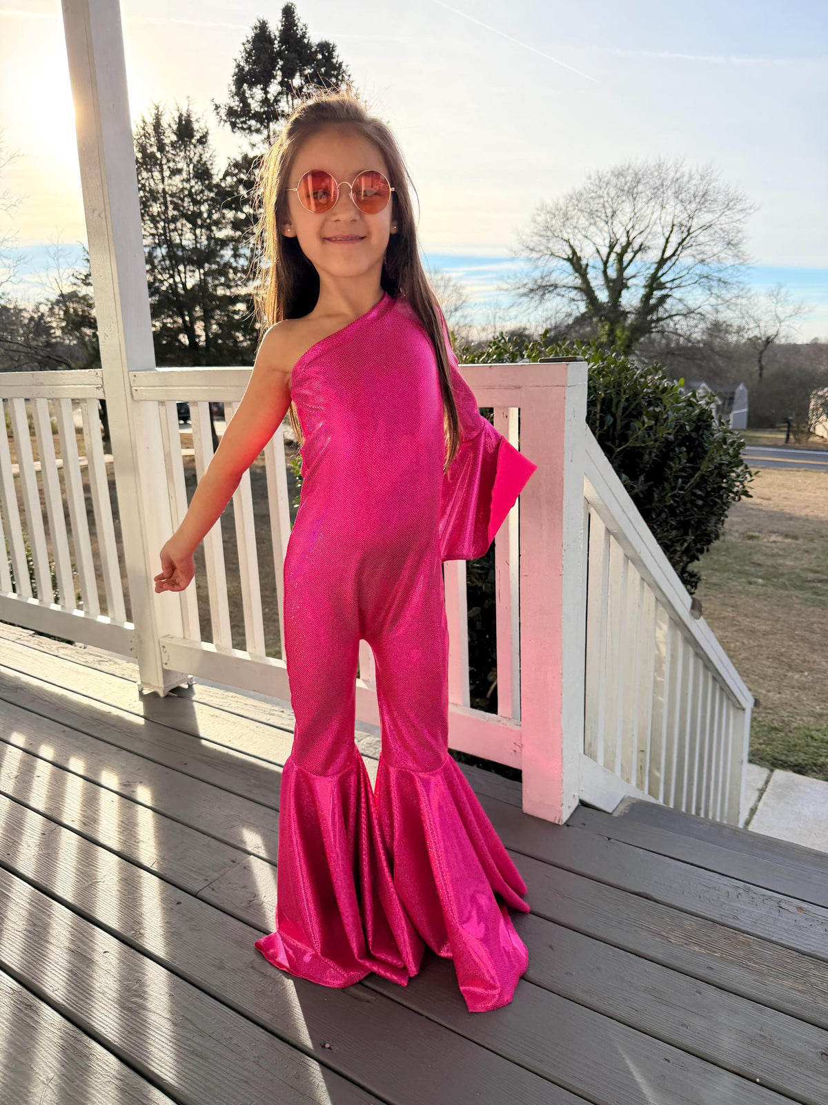 Dancing Queen One-Shoulder Jumpsuit|Metallic BellBottom Dance Outfit|Girls Disco Costume|Birthday Pageant Stage Wear|Custom Colors&Sizes