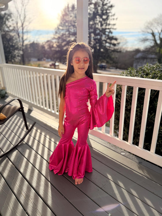 Dancing Queen One-Shoulder Jumpsuit|Metallic BellBottom Dance Outfit|Girls Disco Costume|Birthday Pageant Stage Wear|Custom Colors&Sizes