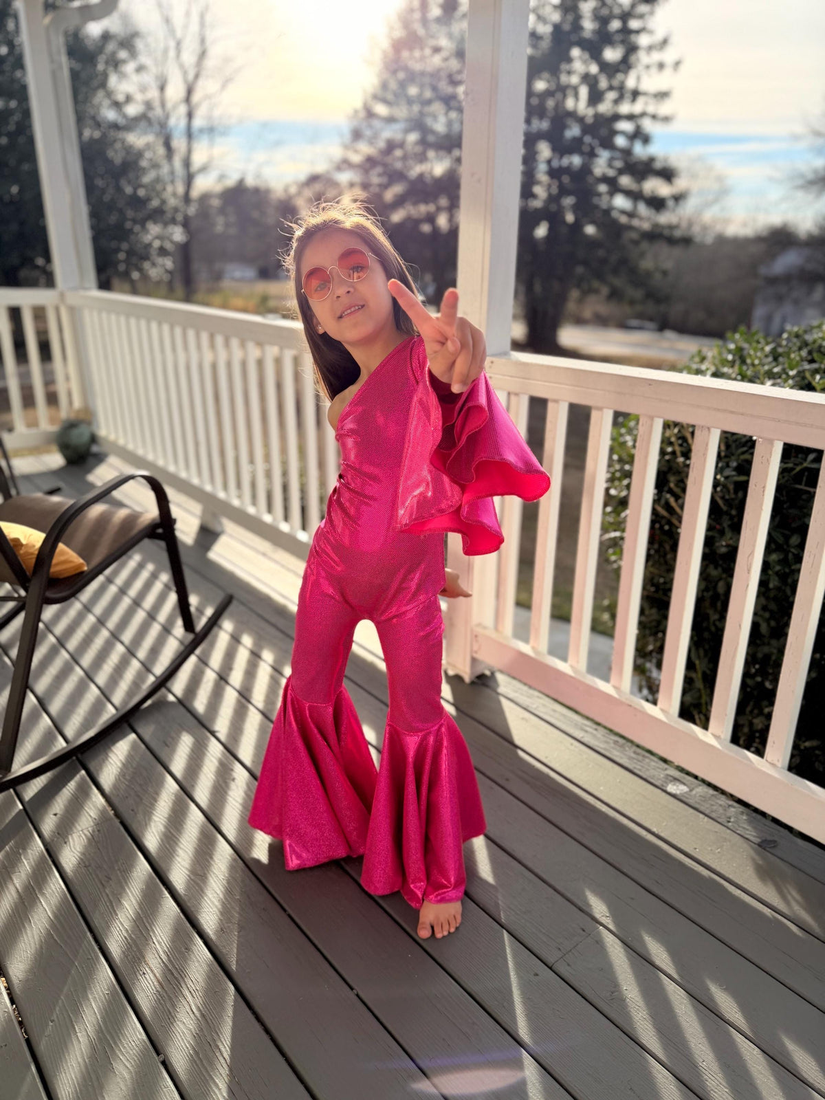Dancing Queen One-Shoulder Jumpsuit|Metallic BellBottom Dance Outfit|Girls Disco Costume|Birthday Pageant Stage Wear|Custom Colors&Sizes