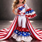 Patriotic Pageant Jumpsuit with Stripe Train  Red White Blue 4th of July Costume  Custom Girls Performance Outfit