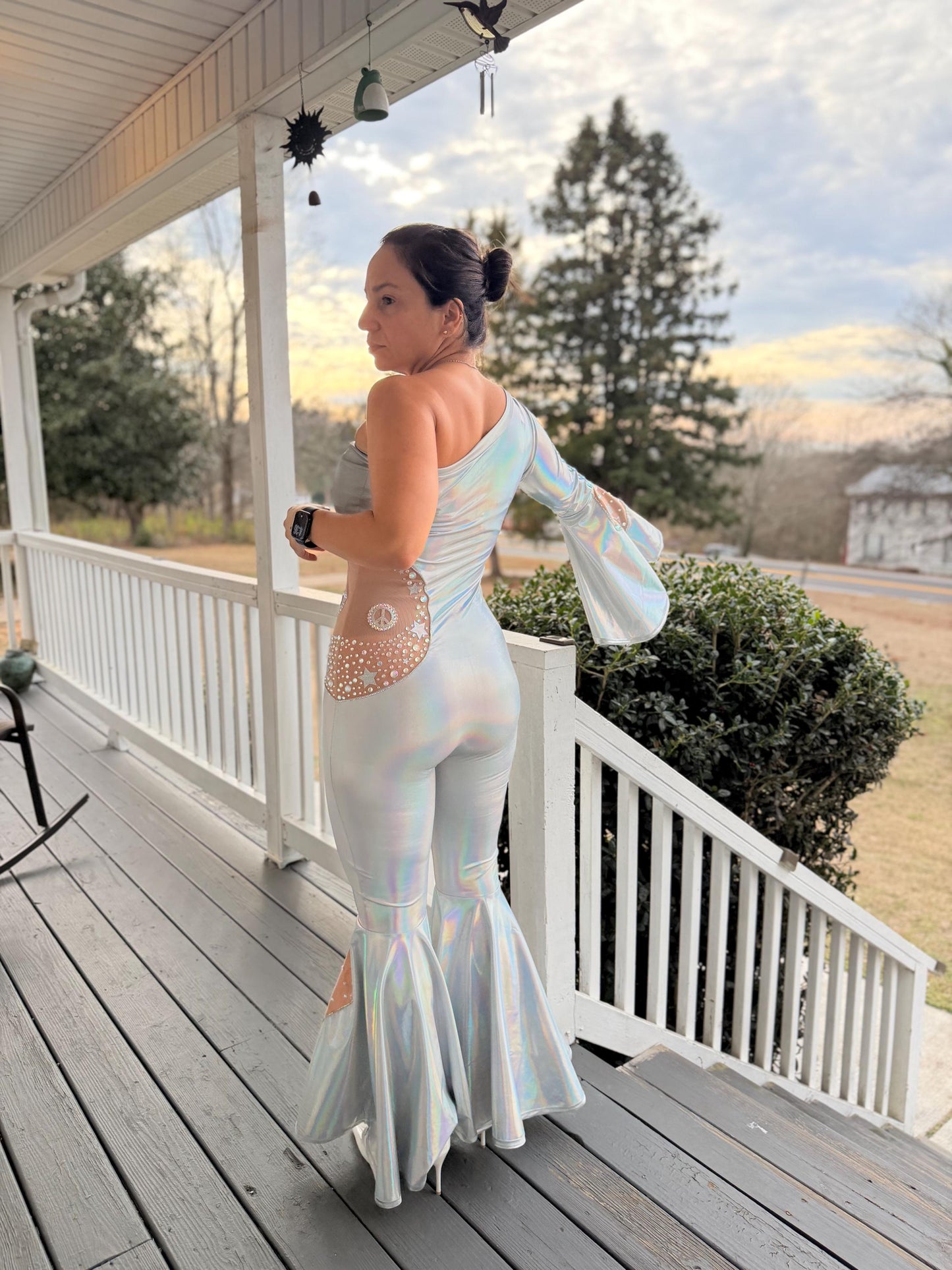 Disco Iridescent One Shoulder Bell Bottom Jumpsuit Adult XS-XL | Holographic Disco Dance Costume | Pageant Festival Outfit