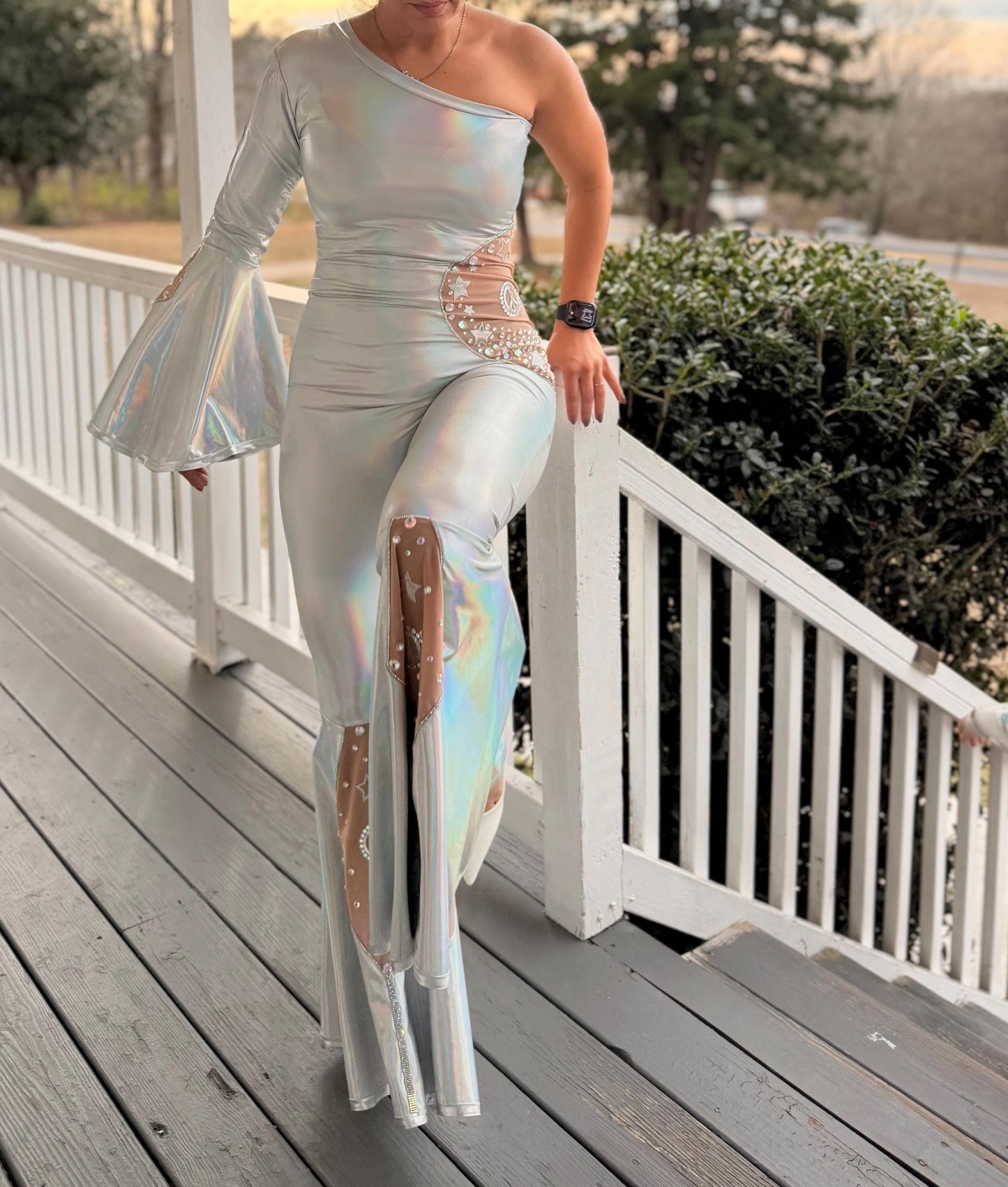 Disco Iridescent One Shoulder Bell Bottom Jumpsuit Adult XS-XL | Holographic Disco Dance Costume | Pageant Festival Outfit