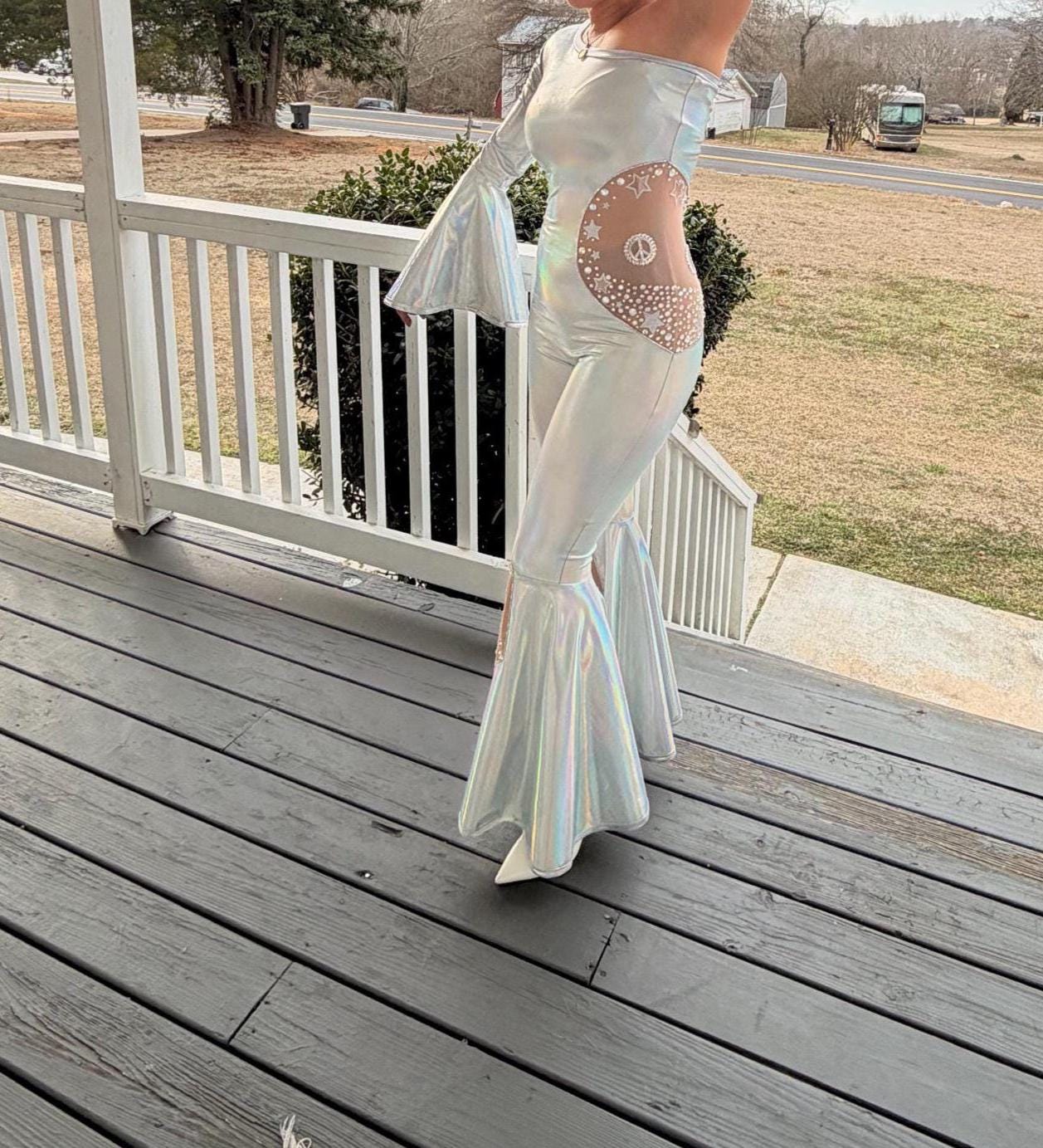 Disco Iridescent One Shoulder Bell Bottom Jumpsuit Adult XS-XL | Holographic Disco Dance Costume | Pageant Festival Outfit