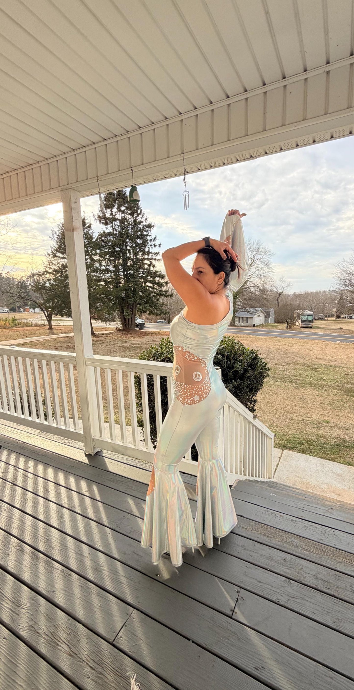 Disco Iridescent One Shoulder Bell Bottom Jumpsuit Adult XS-XL | Holographic Disco Dance Costume | Pageant Festival Outfit