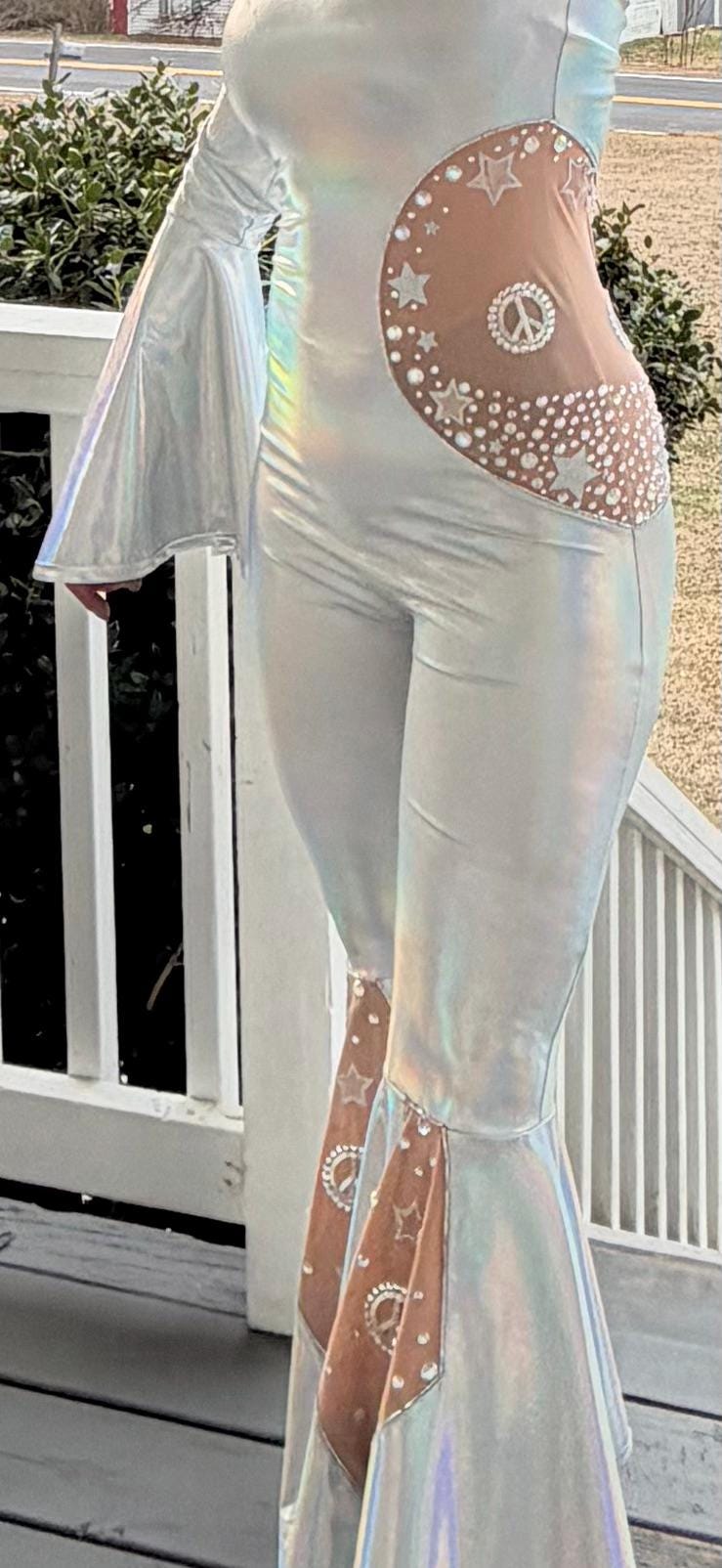 Disco Iridescent One Shoulder Bell Bottom Jumpsuit Adult XS-XL | Holographic Disco Dance Costume | Pageant Festival Outfit