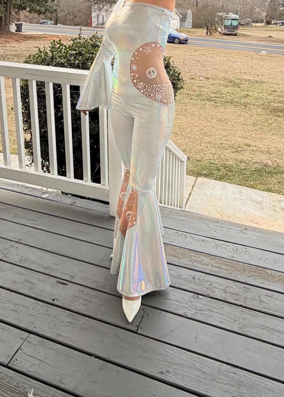 Disco Iridescent One Shoulder Bell Bottom Jumpsuit Adult XS-XL | Holographic Disco Dance Costume | Pageant Festival Outfit