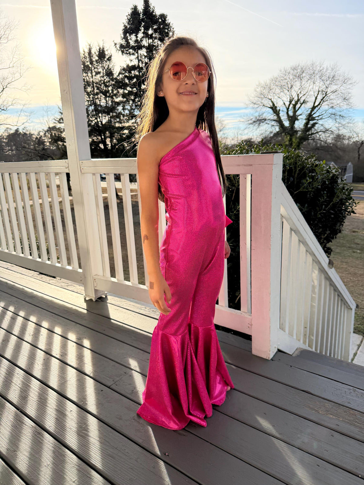 Dancing Queen One-Shoulder Jumpsuit|Metallic BellBottom Dance Outfit|Girls Disco Costume|Birthday Pageant Stage Wear|Custom Colors&Sizes