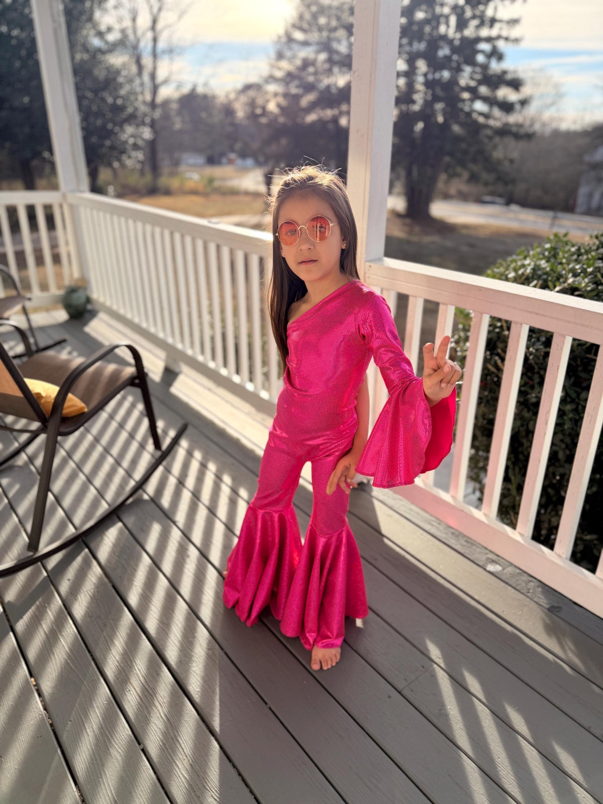 Dancing Queen One-Shoulder Jumpsuit|Metallic BellBottom Dance Outfit|Girls Disco Costume|Birthday Pageant Stage Wear|Custom Colors&Sizes