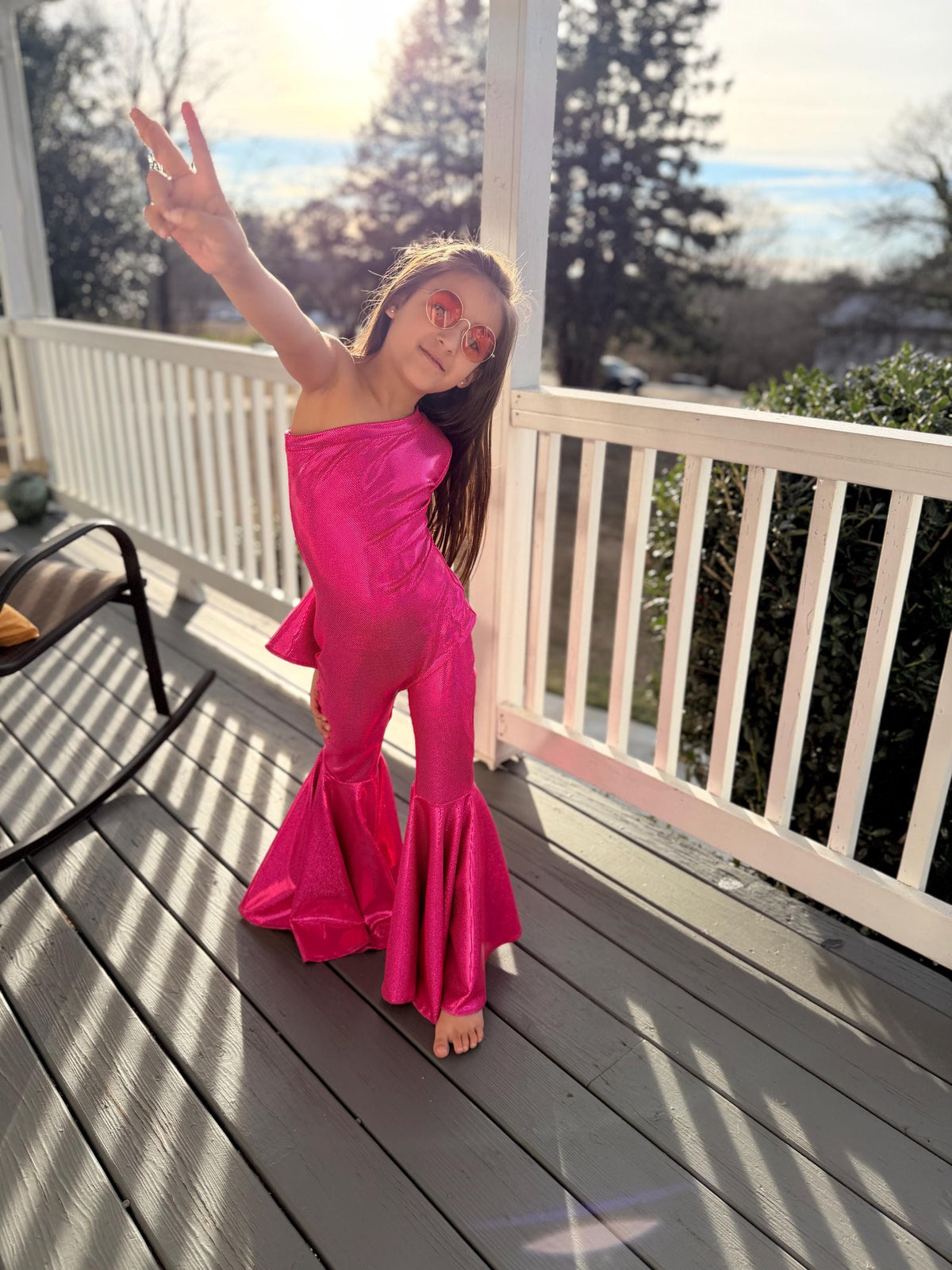 Dancing Queen One-Shoulder Jumpsuit|Metallic BellBottom Dance Outfit|Girls Disco Costume|Birthday Pageant Stage Wear|Custom Colors&Sizes