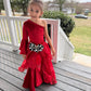 Pole Position Princess Velvet Jumpsuit  Red Racing Pageant Outfit with Bell Bottoms & Organza Train | Girls Holiday Pageant Costume