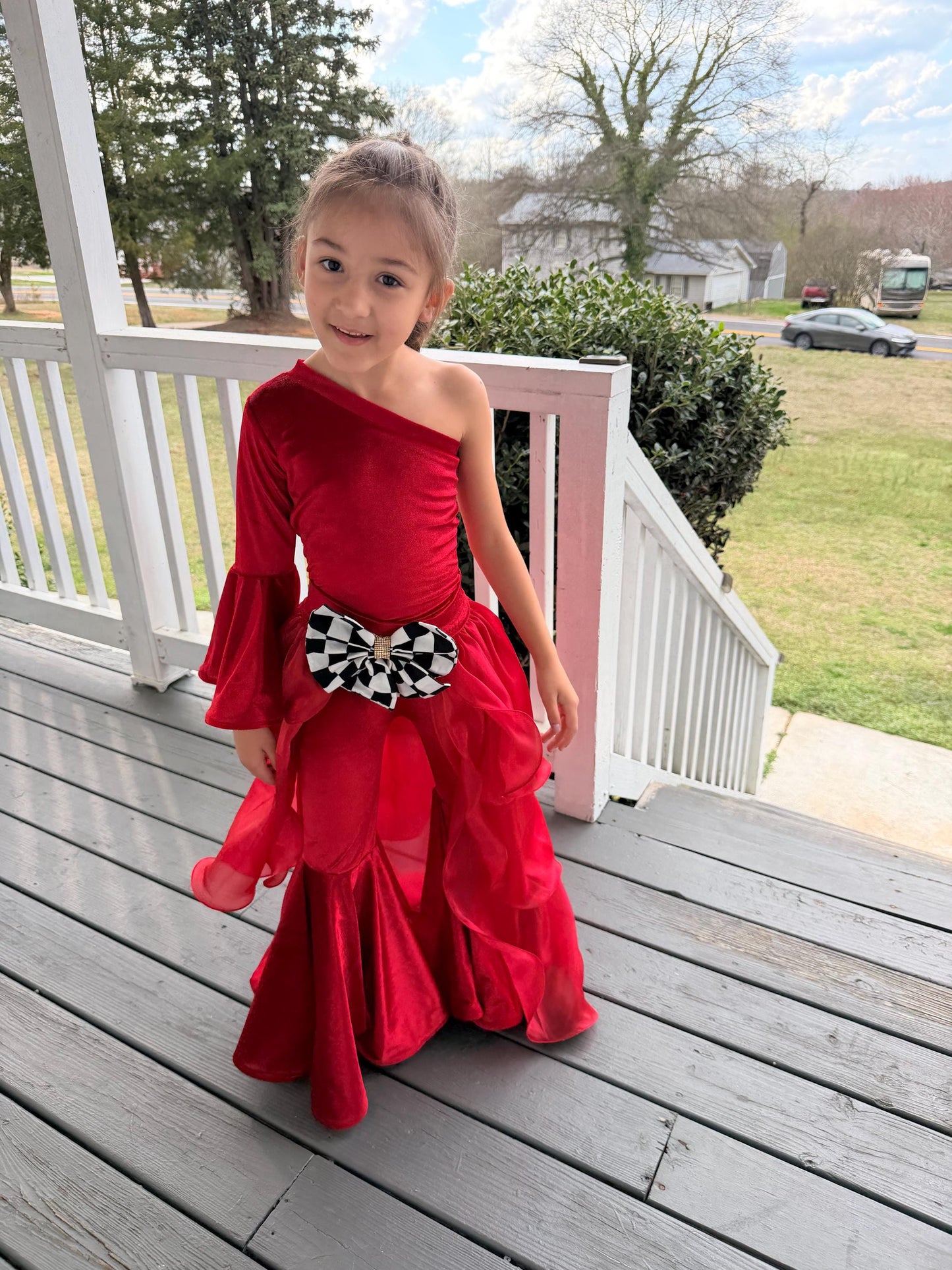 Pole Position Princess Velvet Jumpsuit  Red Racing Pageant Outfit with Bell Bottoms & Organza Train | Girls Holiday Pageant Costume