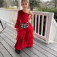 Pole Position Princess Velvet Jumpsuit  Red Racing Pageant Outfit with Bell Bottoms & Organza Train | Girls Holiday Pageant Costume