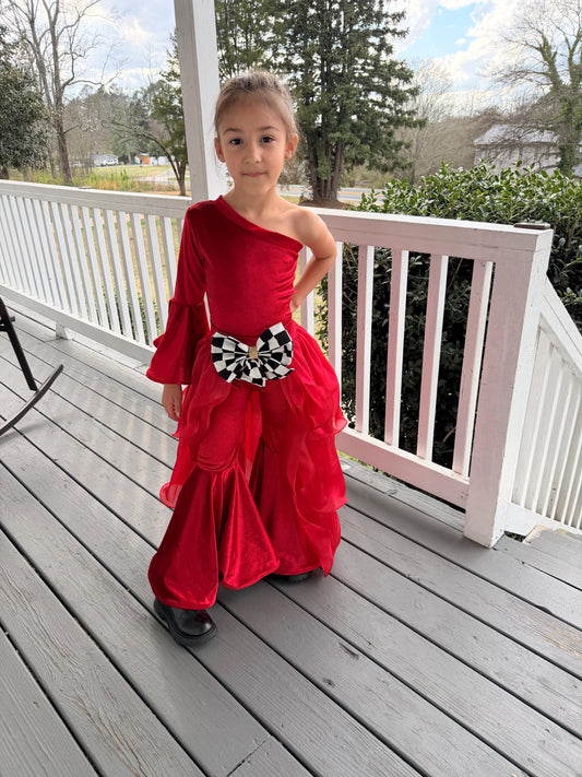 Pole Position Princess Velvet Jumpsuit  Red Racing Pageant Outfit with Bell Bottoms & Organza Train | Girls Holiday Pageant Costume