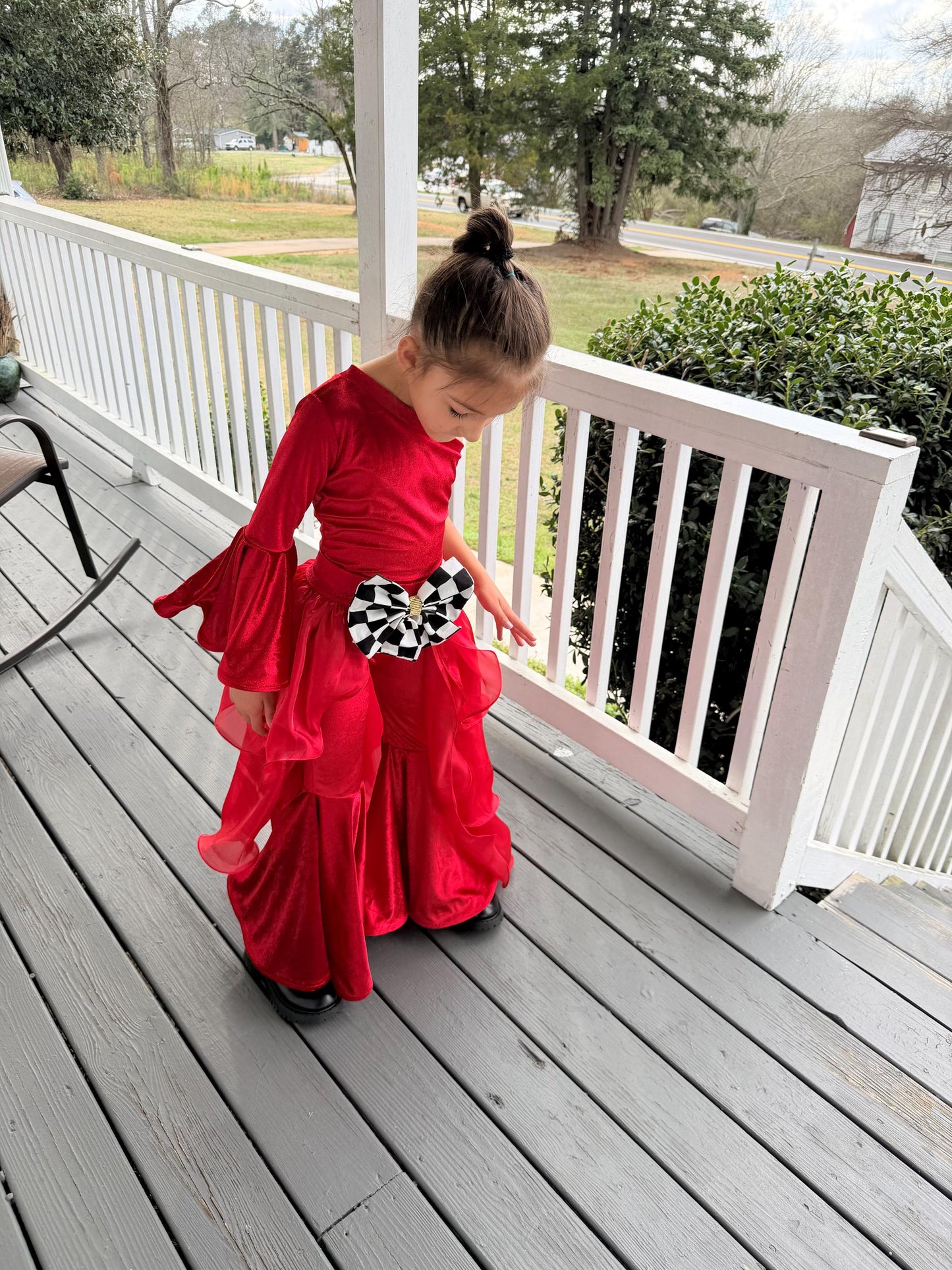 Pole Position Princess Velvet Jumpsuit  Red Racing Pageant Outfit with Bell Bottoms & Organza Train | Girls Holiday Pageant Costume