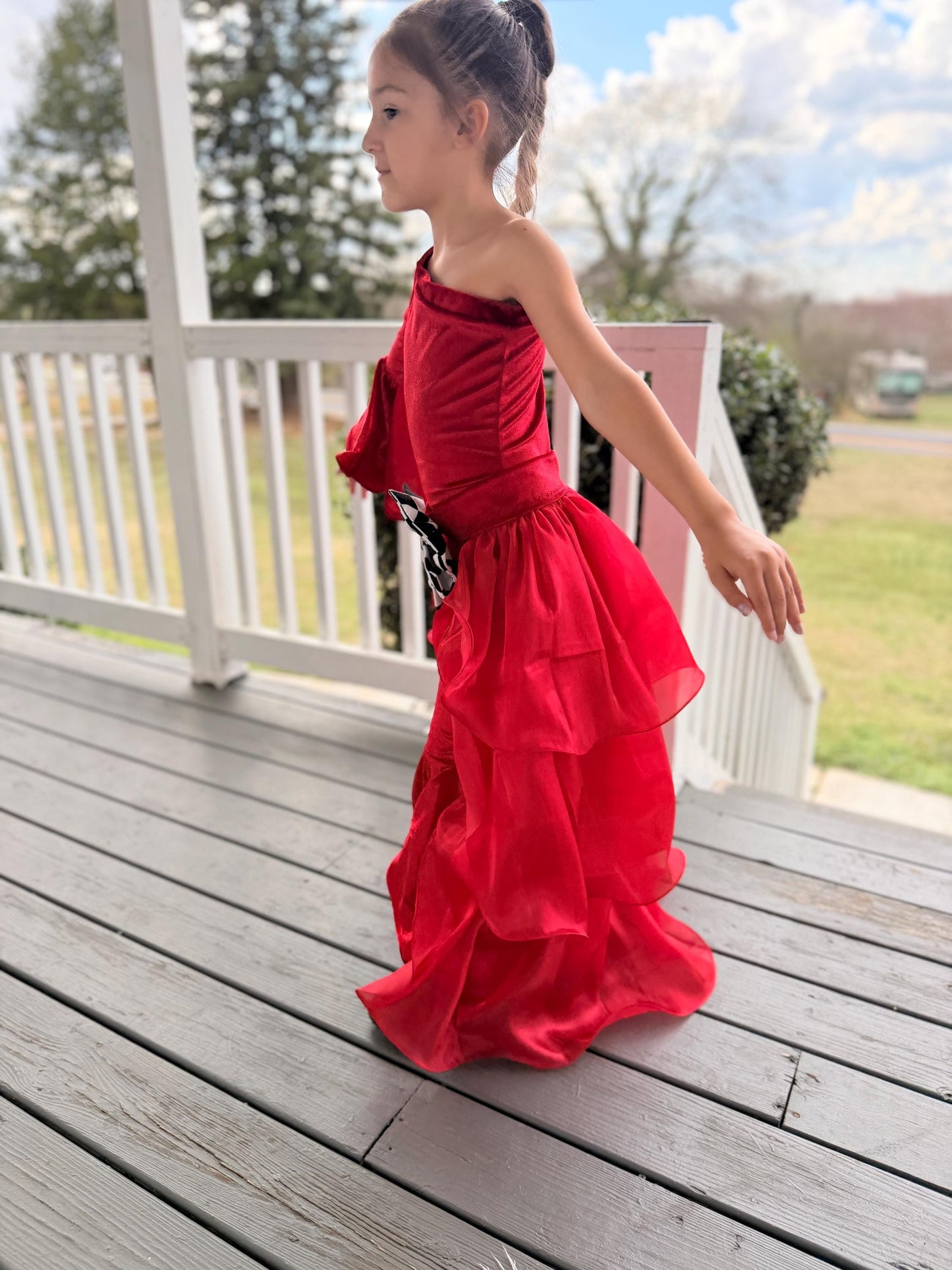 Pole Position Princess Velvet Jumpsuit  Red Racing Pageant Outfit with Bell Bottoms & Organza Train | Girls Holiday Pageant Costume