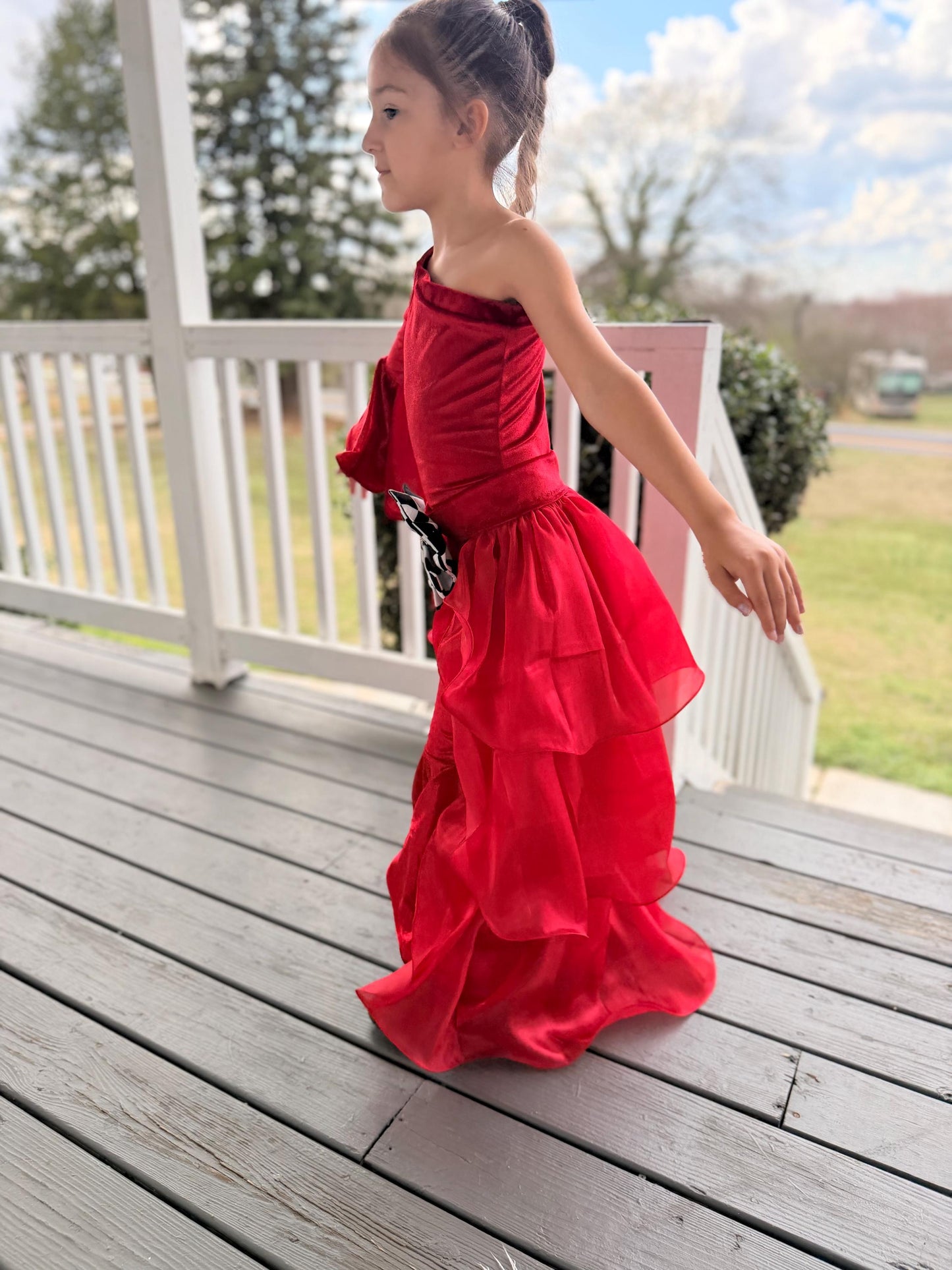 Pole Position Princess Velvet Jumpsuit  Red Racing Pageant Outfit with Bell Bottoms & Organza Train | Girls Holiday Pageant Costume