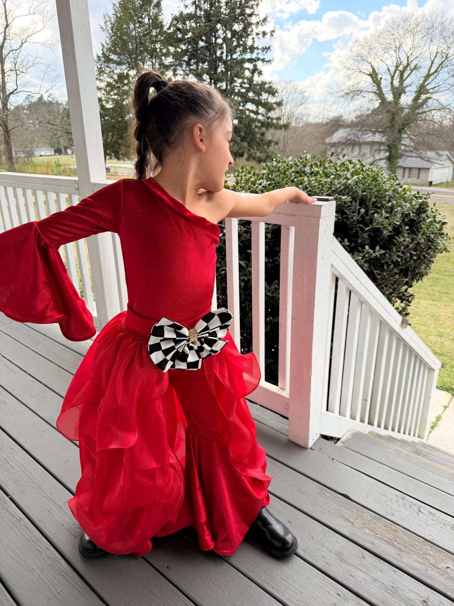Pole Position Princess Velvet Jumpsuit  Red Racing Pageant Outfit with Bell Bottoms & Organza Train | Girls Holiday Pageant Costume