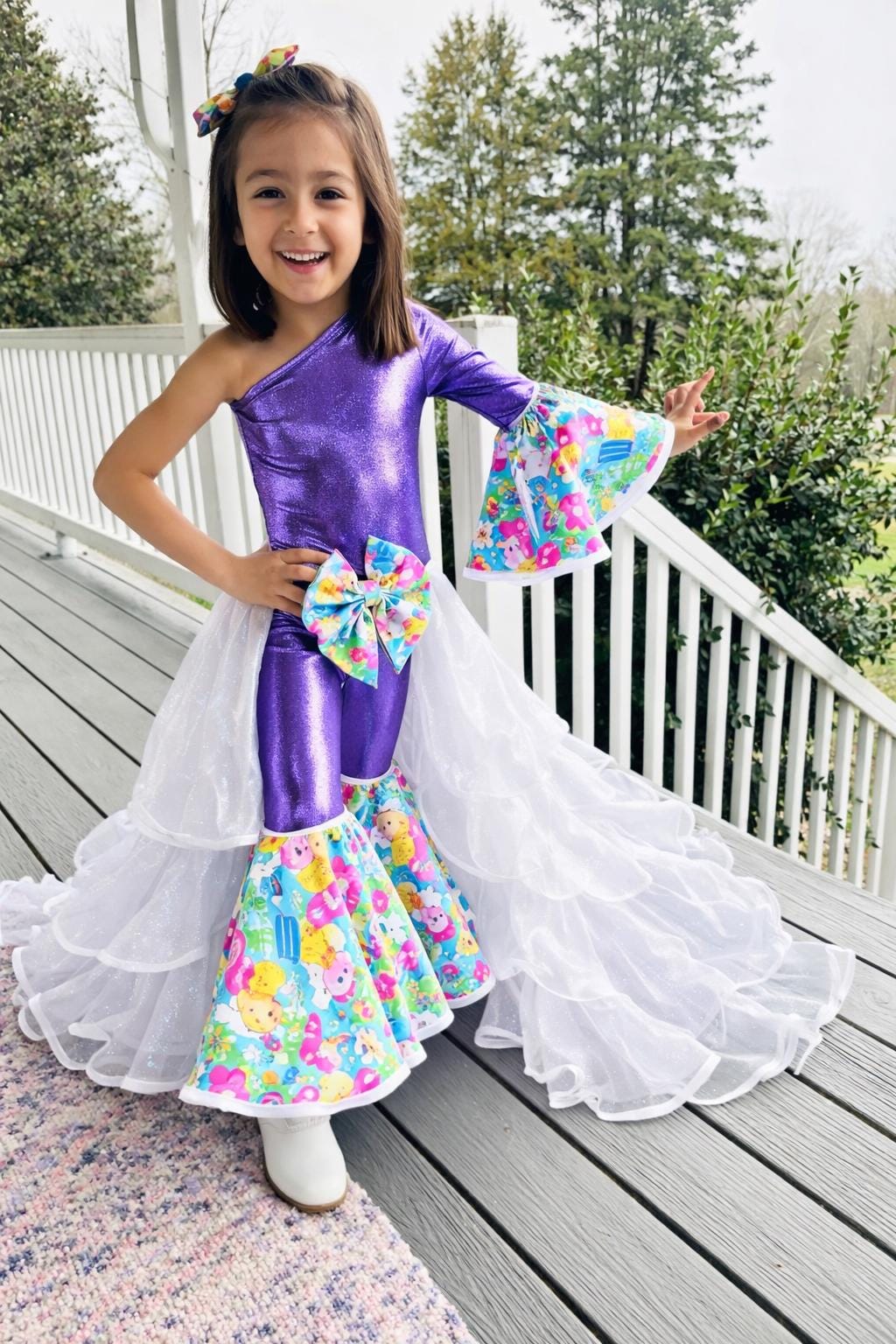 2.0 Easter Elegance Kids Jumpsuit with Detachable Train Skirt, Custom Sizes 0-20, Optional Hair Bow, Spring Pageant Outfit Wholesome Goods C