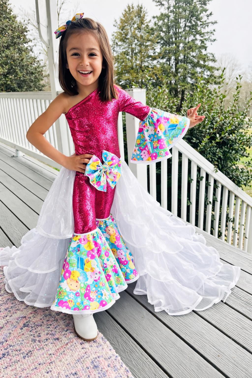 2.0 Easter Elegance Kids Jumpsuit with Detachable Train Skirt, Custom Sizes 0-20, Optional Hair Bow, Spring Pageant Outfit Wholesome Goods C
