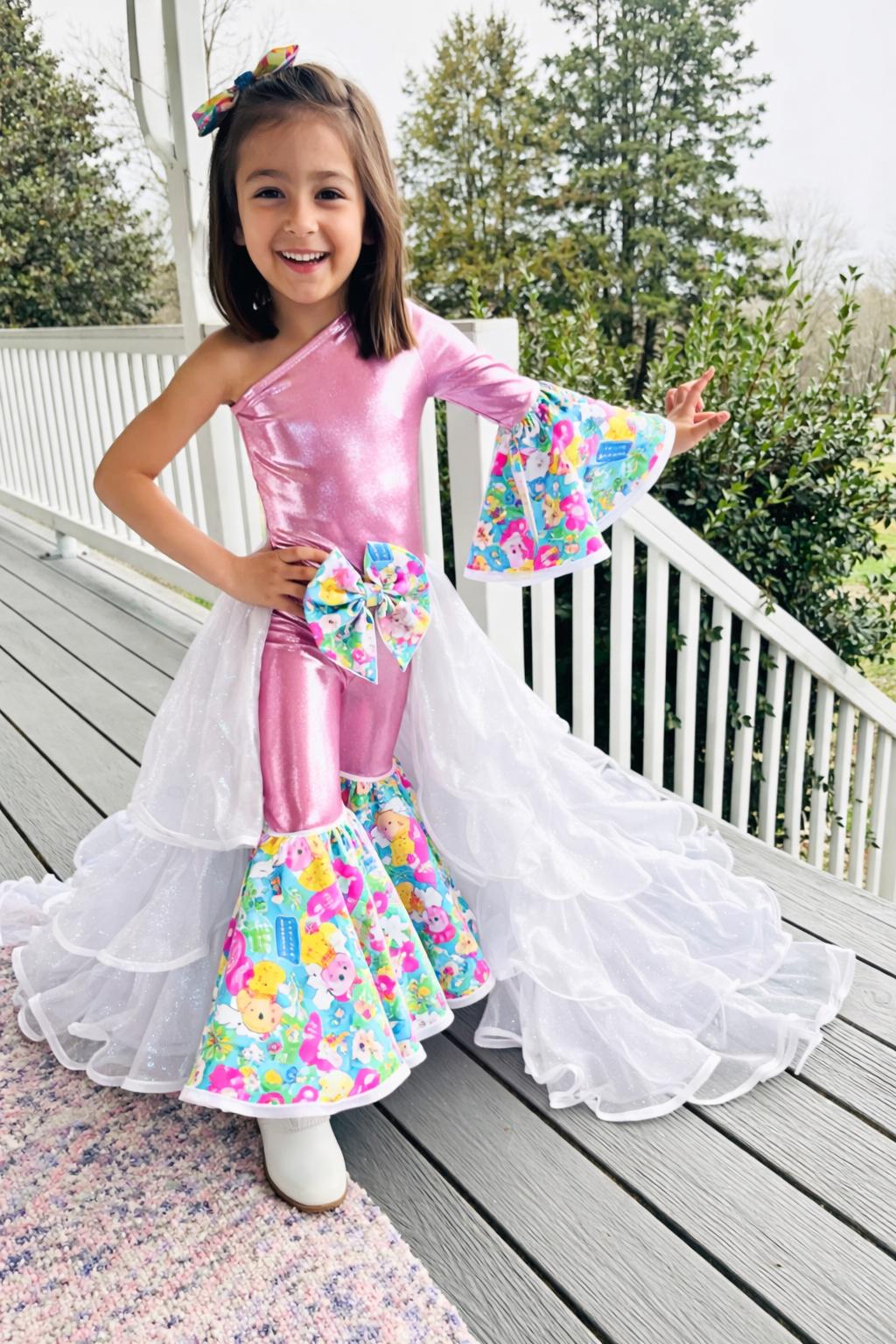 2.0 Easter Elegance Kids Jumpsuit with Detachable Train Skirt, Custom Sizes 0-20, Optional Hair Bow, Spring Pageant Outfit Wholesome Goods C