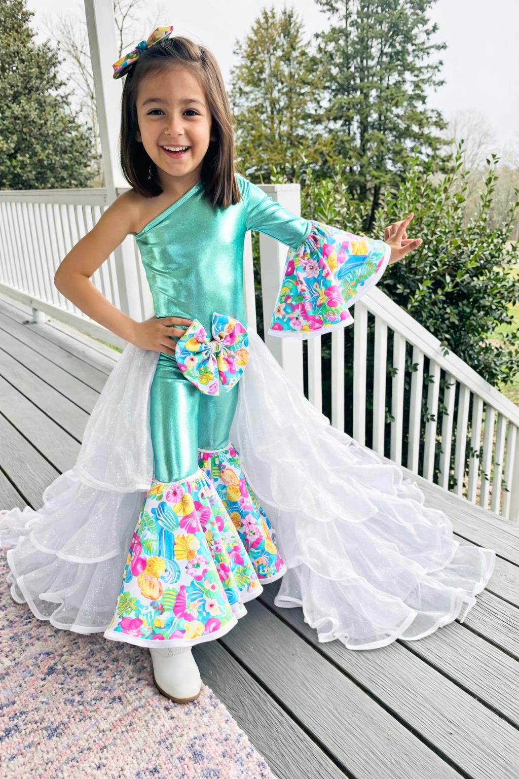 2.0 Easter Elegance Kids Jumpsuit with Detachable Train Skirt, Custom Sizes 0-20, Optional Hair Bow, Spring Pageant Outfit Wholesome Goods C
