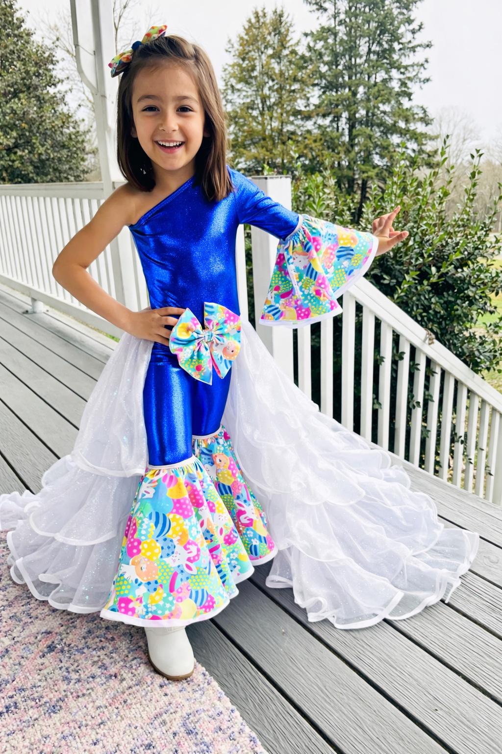 2.0 Easter Elegance Kids Jumpsuit with Detachable Train Skirt, Custom Sizes 0-20, Optional Hair Bow, Spring Pageant Outfit Wholesome Goods C