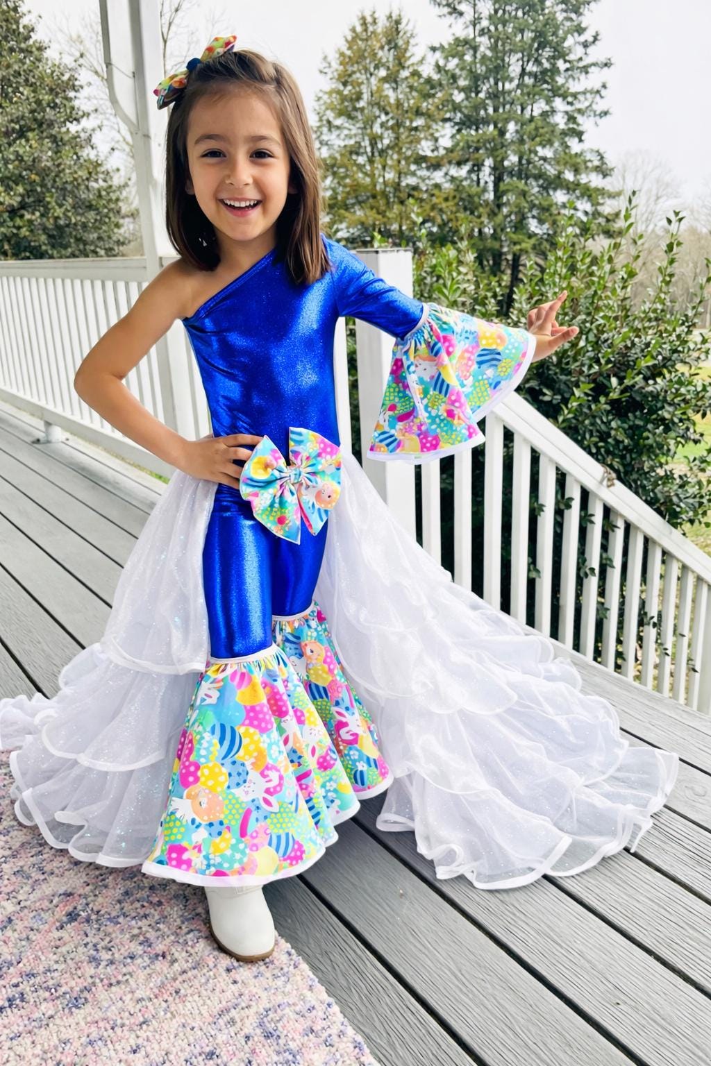 2.0 Easter Elegance Kids Jumpsuit with Detachable Train Skirt, Custom Sizes 0-20, Optional Hair Bow, Spring Pageant Outfit Wholesome Goods C