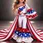 Patriotic Pageant Jumpsuit with Stripe Train  Red White Blue 4th of July Costume  Custom Girls Performance Outfit