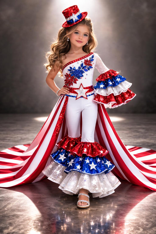 Patriotic Pageant Jumpsuit with Stripe Train  Red White Blue 4th of July Costume  Custom Girls Performance Outfit