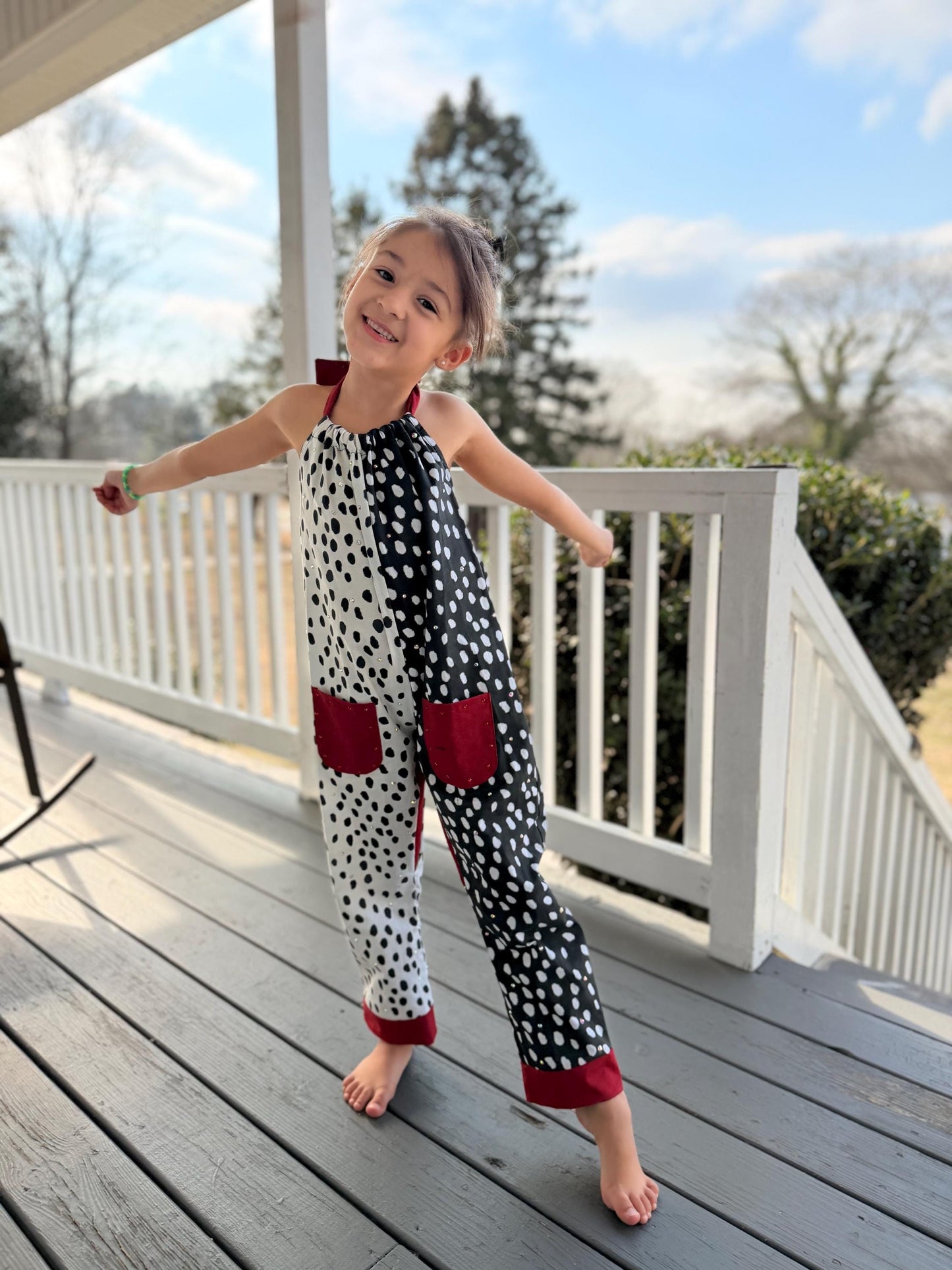Cruella Inspired Polka Dot Halter Jumpsuit for Kids | Retro Black White Outfit | Toddler Baby to Juniors Handmade