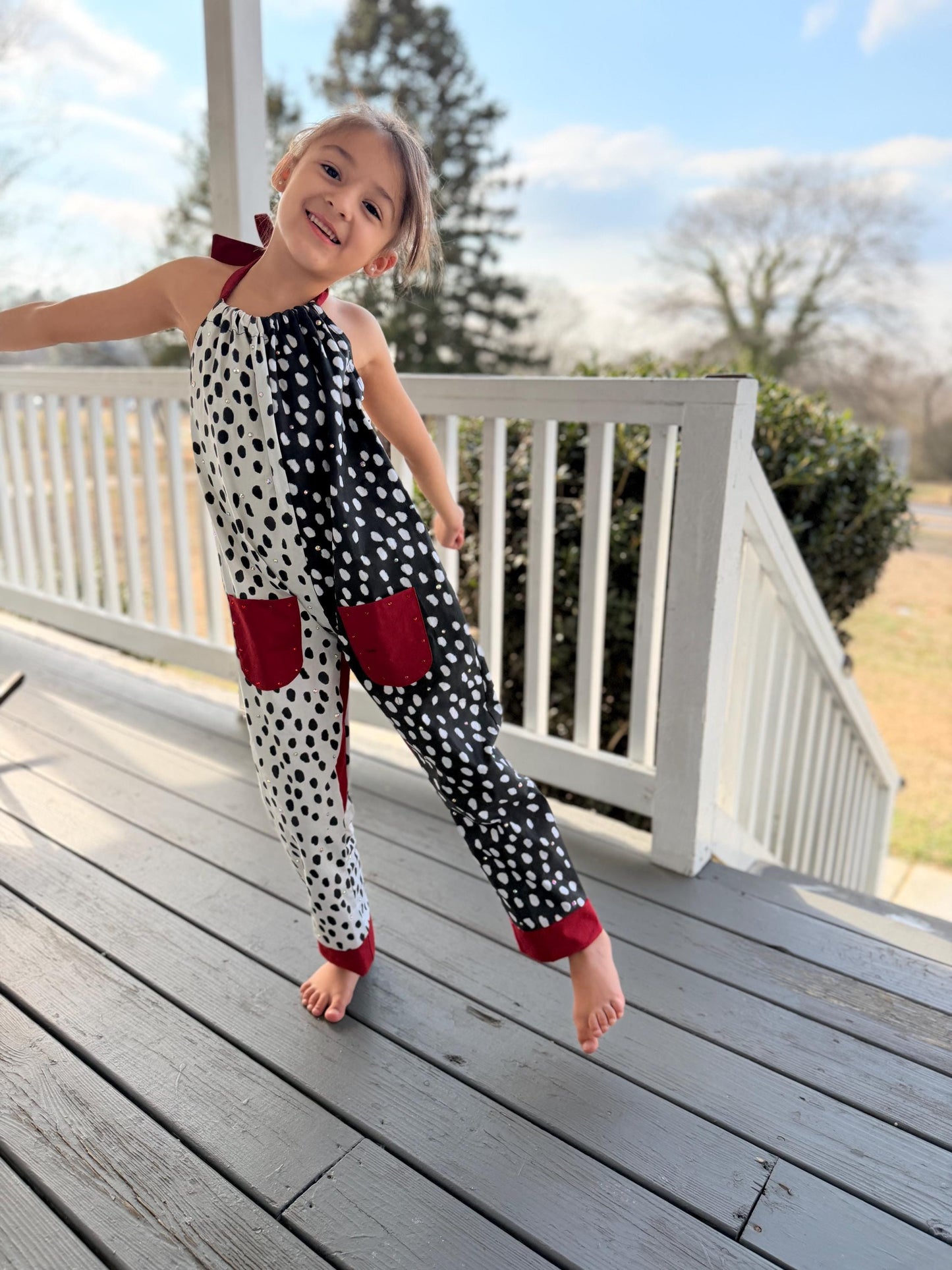 Cruella Inspired Polka Dot Halter Jumpsuit for Kids | Retro Black White Outfit | Toddler Baby to Juniors Handmade