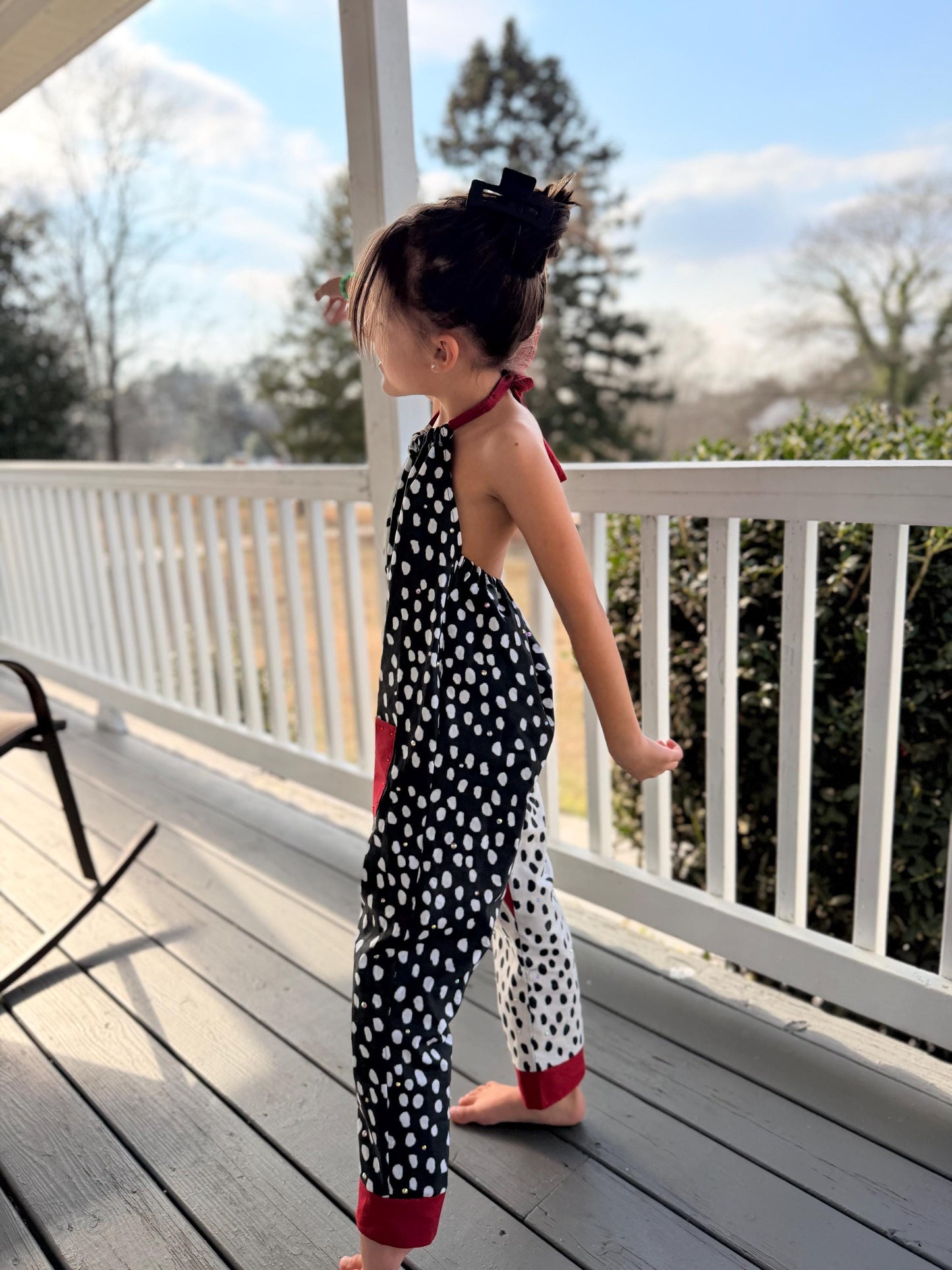 Cruella Inspired Polka Dot Halter Jumpsuit for Kids | Retro Black White Outfit | Toddler Baby to Juniors Handmade