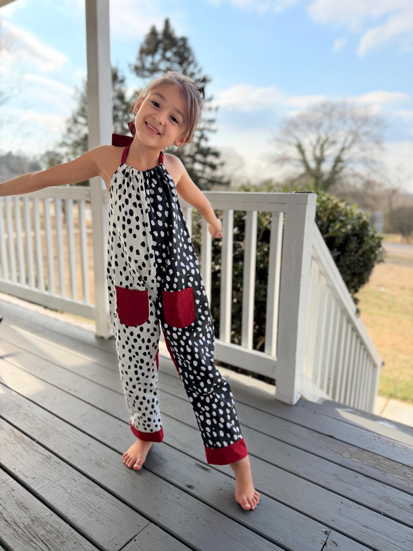 Cruella Inspired Polka Dot Halter Jumpsuit for Kids | Retro Black White Outfit | Toddler Baby to Juniors Handmade