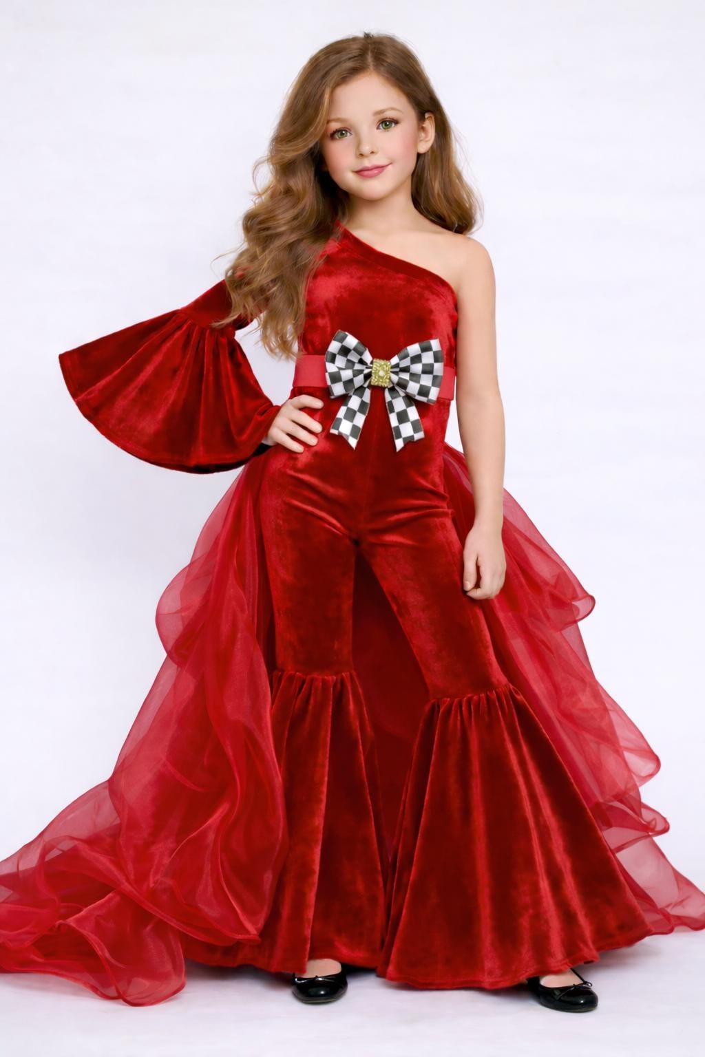 Pole Position Princess Velvet Jumpsuit  Red Racing Pageant Outfit with Bell Bottoms & Organza Train | Girls Holiday Pageant Costume