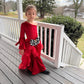Pole Position Princess Velvet Jumpsuit  Red Racing Pageant Outfit with Bell Bottoms & Organza Train | Girls Holiday Pageant Costume