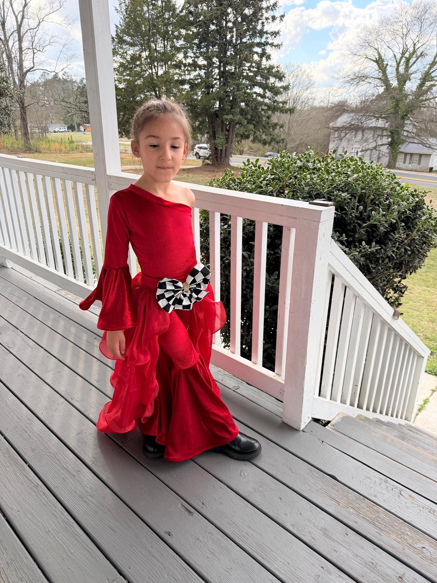 Pole Position Princess Velvet Jumpsuit  Red Racing Pageant Outfit with Bell Bottoms & Organza Train | Girls Holiday Pageant Costume