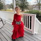 Pole Position Princess Velvet Jumpsuit  Red Racing Pageant Outfit with Bell Bottoms & Organza Train | Girls Holiday Pageant Costume
