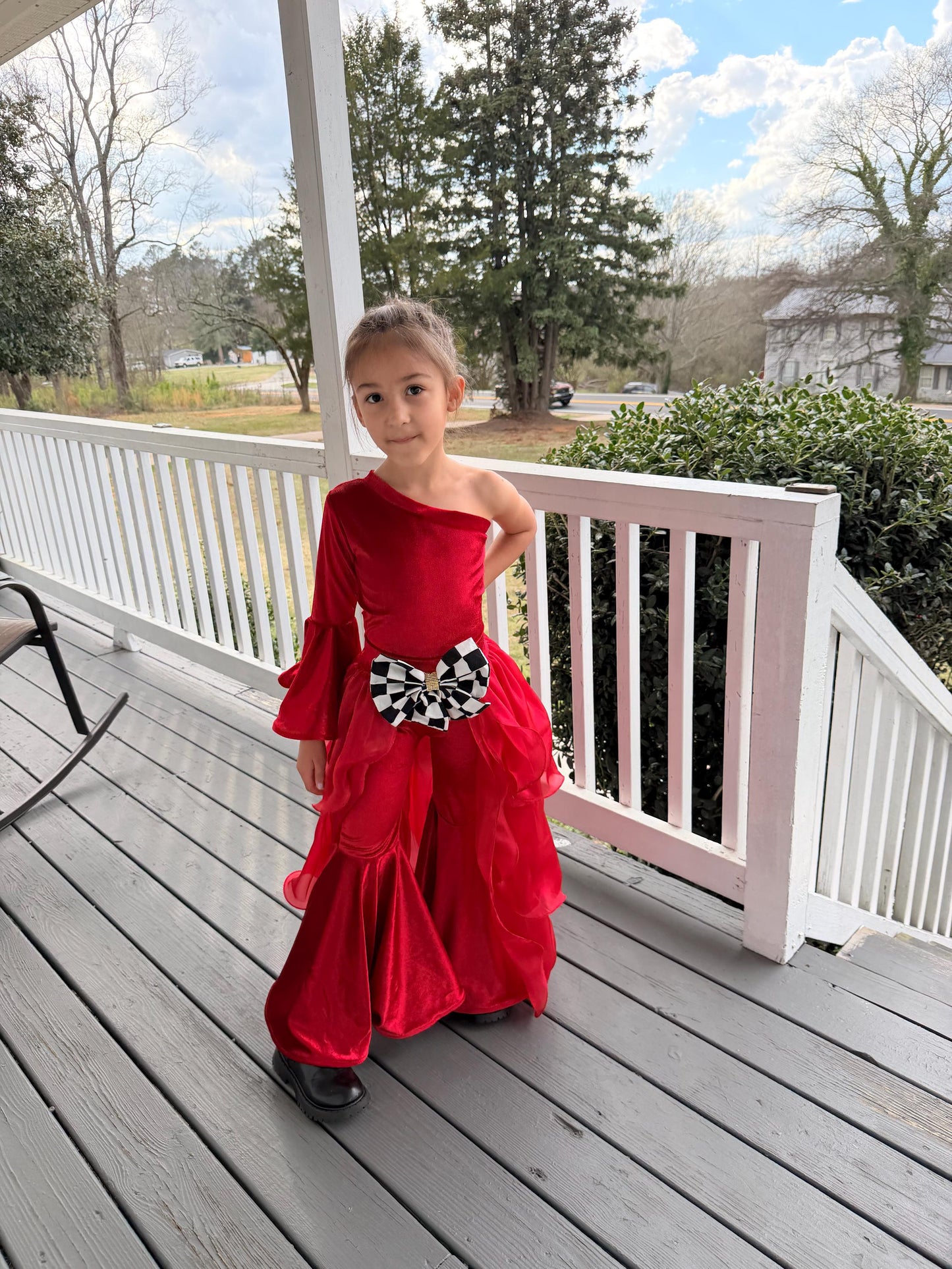 Pole Position Princess Velvet Jumpsuit  Red Racing Pageant Outfit with Bell Bottoms & Organza Train | Girls Holiday Pageant Costume
